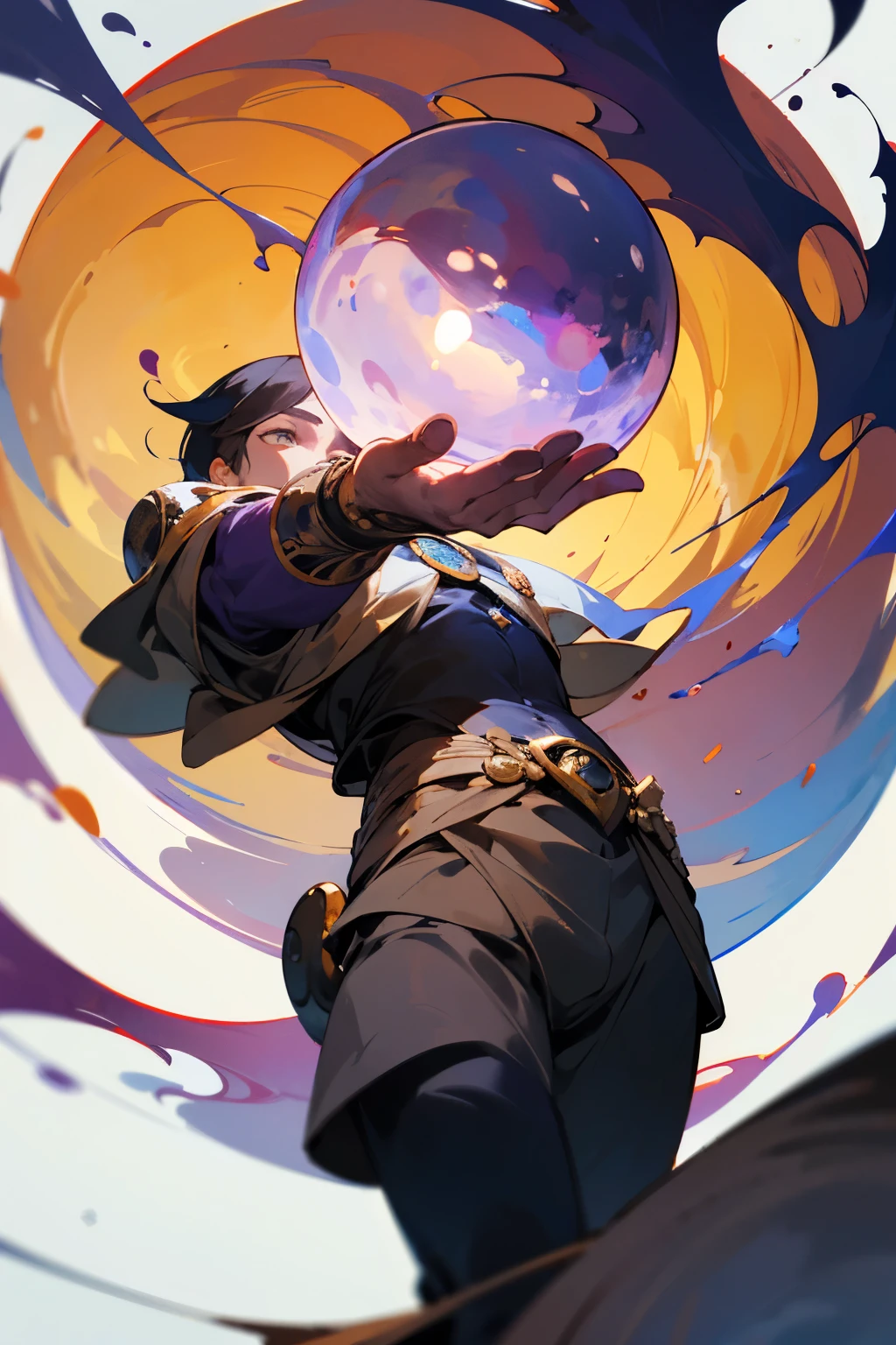 ((Melhor qualidade)), ((obra de arte)), (detalhado), rosto perfeito, man holding a very powerful purple sphere in one hand, enquanto o poder da esfera se dissipa ao redor dele