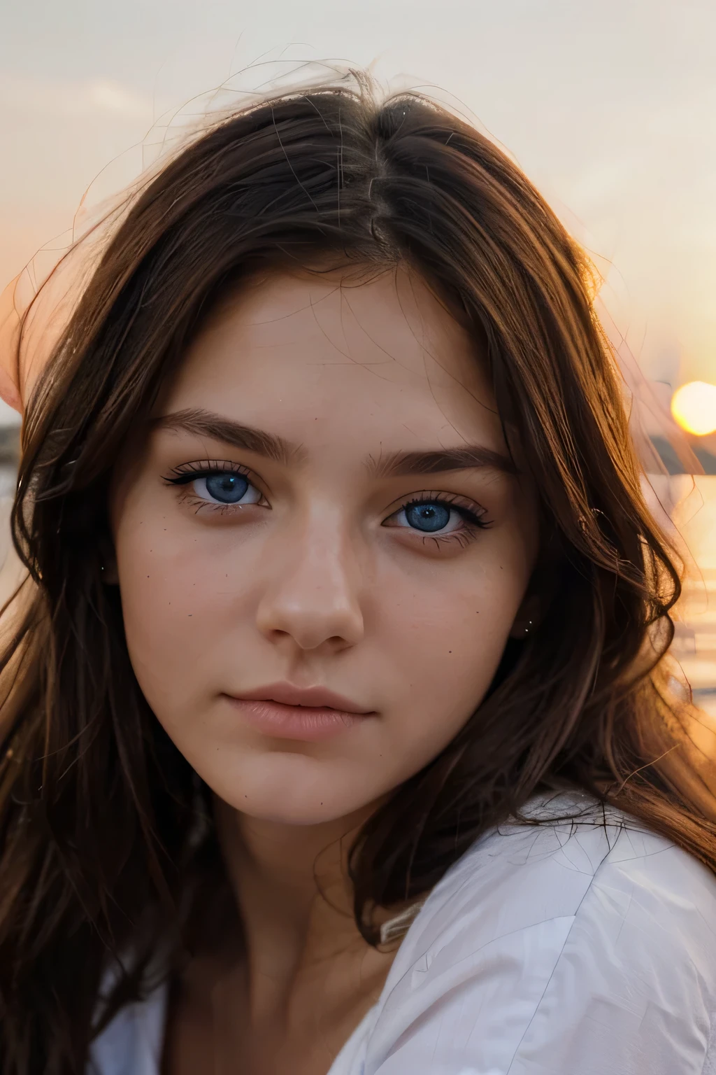 brunette girl with blue eyes, 20yo, side look, sunset colors, face very very close to the camera, face totally zoomed in
