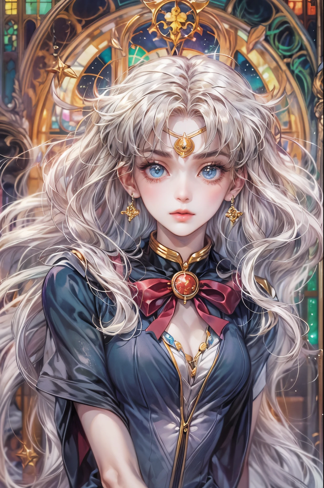 ((Best quality)), ((masterpiece)), (detailed), ((perfect face)), ((halfbody)) ((Sailor Moon Villain: The Witches 5)) solo picture close-up , cathedral background with a big stained glass window