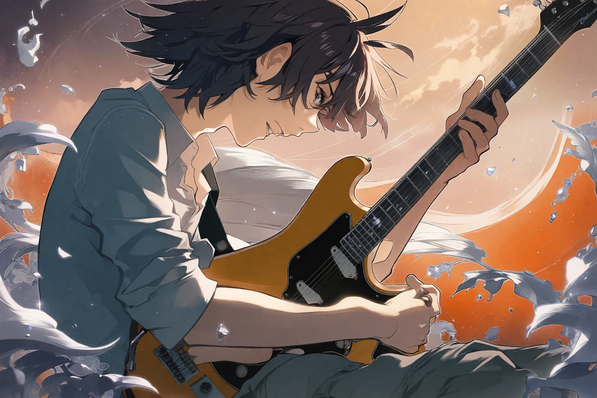 um homem sentado em uma pedra tocando guitar anoite nightcore, makoto shinkai cyril rolando, solo de guitarra, Playing guitar, imagem de perfil, no estilo de atey ghailan, tocar guitarra, arte digital Ilya Kuvshinov, guitarrista, Cyril Rolando e Goro Fujita, Ilya Kuvshinov