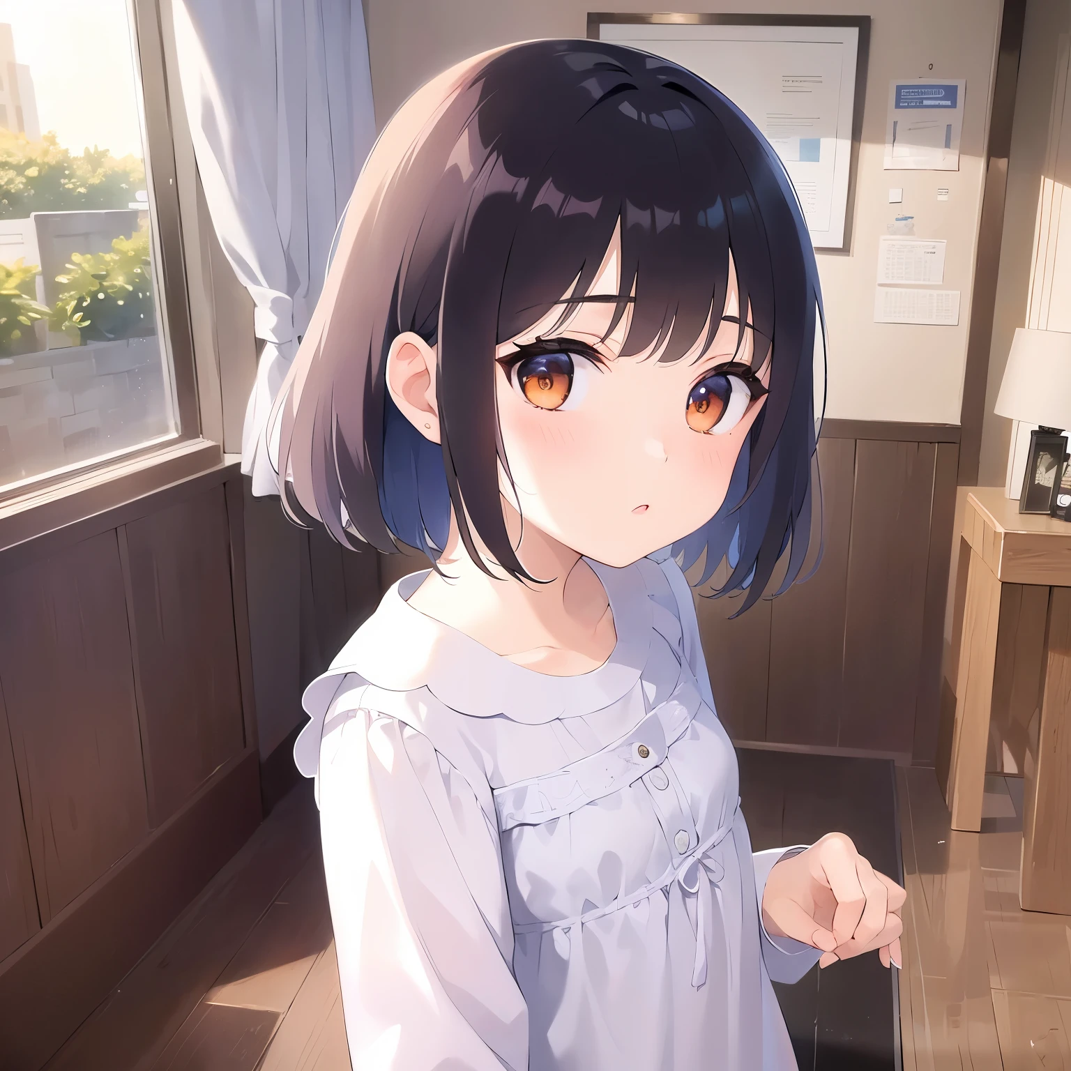 (looking away:1.5), looking up, (curtsey:1.3), 、bob cut, masterpiece、Highest quality、 (Brown hair with bangs) and (Orange eyes) and (8-year-old girl:1.5), Primary school students、(white:1.5) and (dress) and (long sleeve)、(smile:1.5), open mouth, Are standing、The background is the living room、The upper body is shown、Alone、
