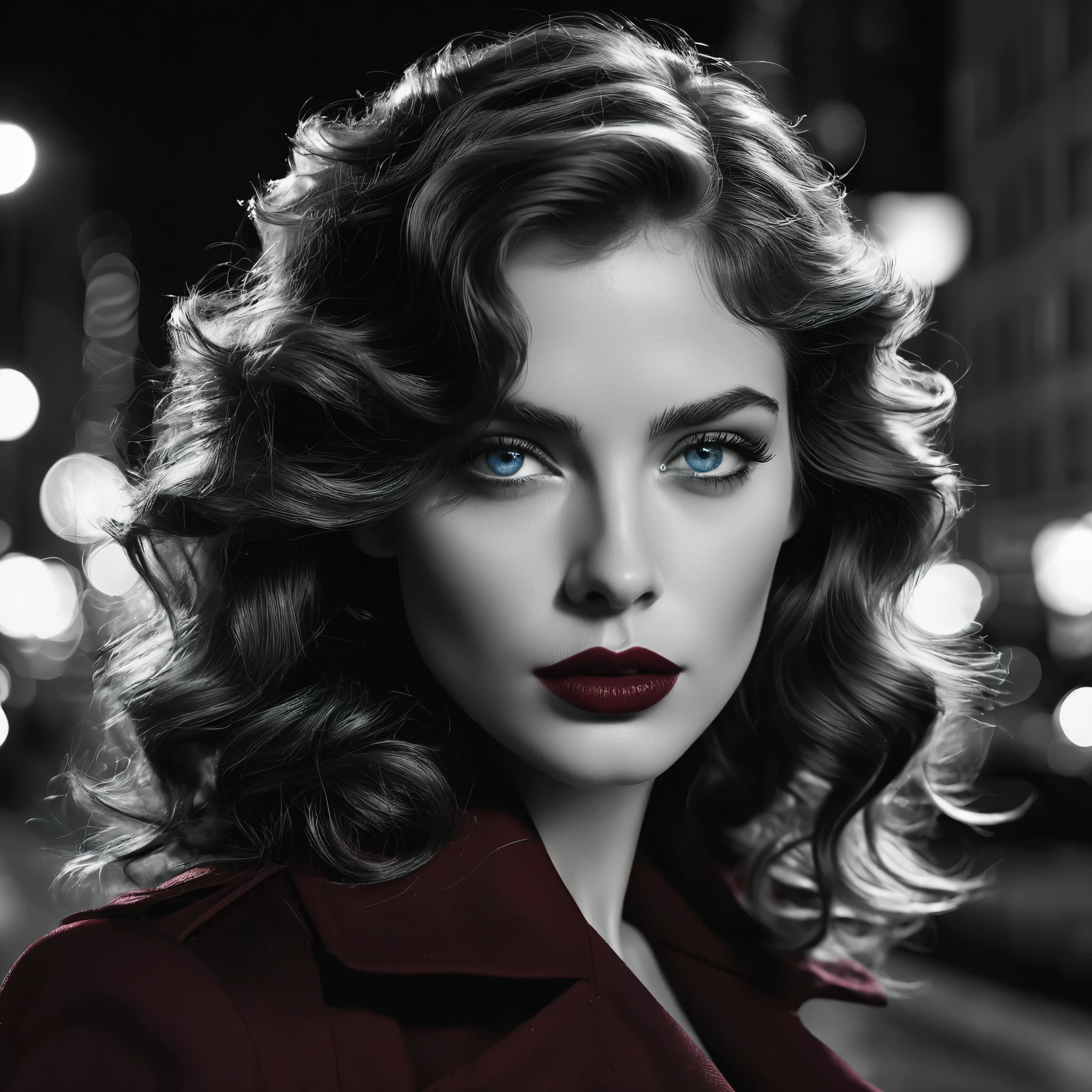 Visualize a noir detective with tousled waves of hair framing her steely blue eyes, reflecting the shadows of the city streets. Her lips, painted in a deep crimson red, convey a sense of danger and intrigue as she stands against the backdrop of a monochrome cityscape, ready to unravel the mysteries of the night.