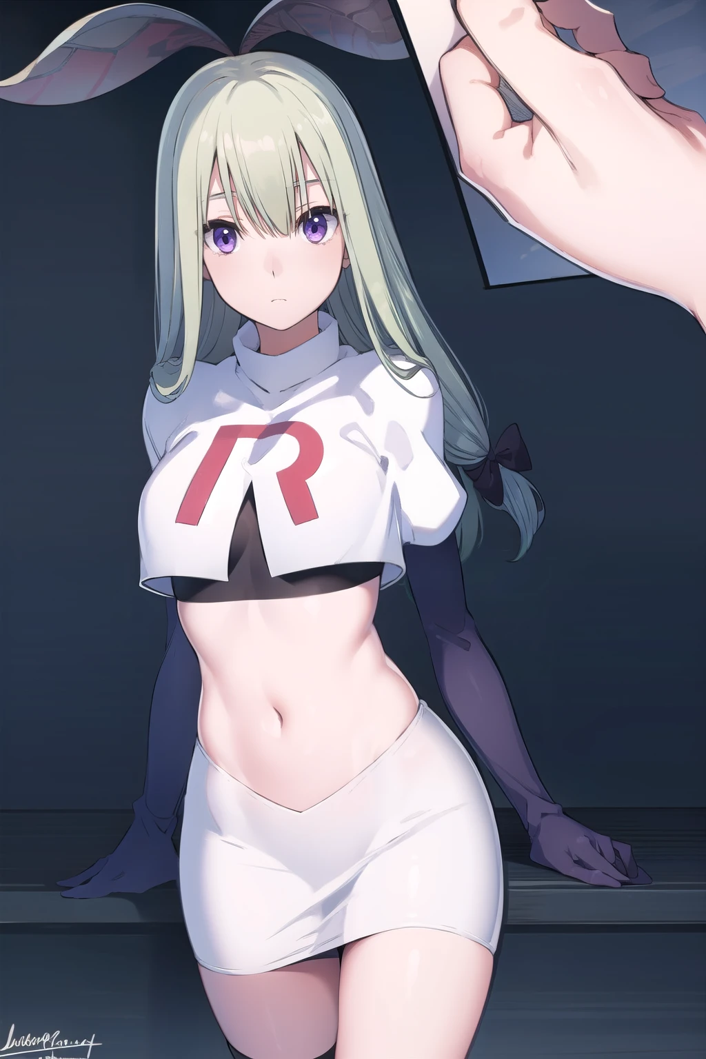 mandragora, mandragora, long hair, bangs, ahoge, green hair, (purple eyes:1.1), bow, hair bow,
BREAK team rocket,team rocket uniform, red letter R, white skirt,white crop top,black thigh-highs,black elbow gloves
BREAK looking at viewer, (cowboy shot:1.5),
BREAK (masterpiece:1.2), best quality, high resolution, unity 8k wallpaper, (illustration:0.8), (beautiful detailed eyes:1.6), extremely detailed face, perfect lighting, extremely detailed CG, (perfect hands, perfect anatomy),