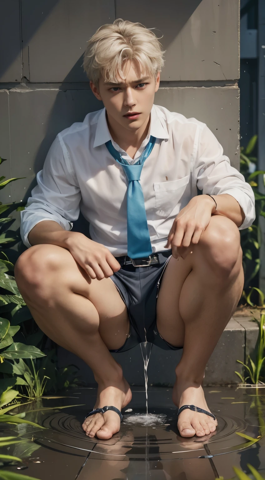 Super Realistic photography, Transparent see through white shirt, 17 yeas old boy,(ung boy),A high resolution, Sharp focuasterpiece, ((Complicated details)), highly detailed, natsuki_subaru,Multi-view upper body,Suit pants view, 1 man,is shy,Pee on the legs,pissing,Urine runs down the thighs,embarressed,exhilarated,is shocked,panicking,worry,A small puddle of their own urine forms around the feet,full bodyesbian,kneels on the ground,Very eager to pee,It's uncomfortable,Wet yourself,Urine discharge, Sweaty crotch,Drenched,rain,The shirt is soaked,(A gesture of pleading),blue color eyes(eyes glowing), Short gray hair,white shirt,Wear a tie,Wear a belt,Black suit trousers,perspire,look from down