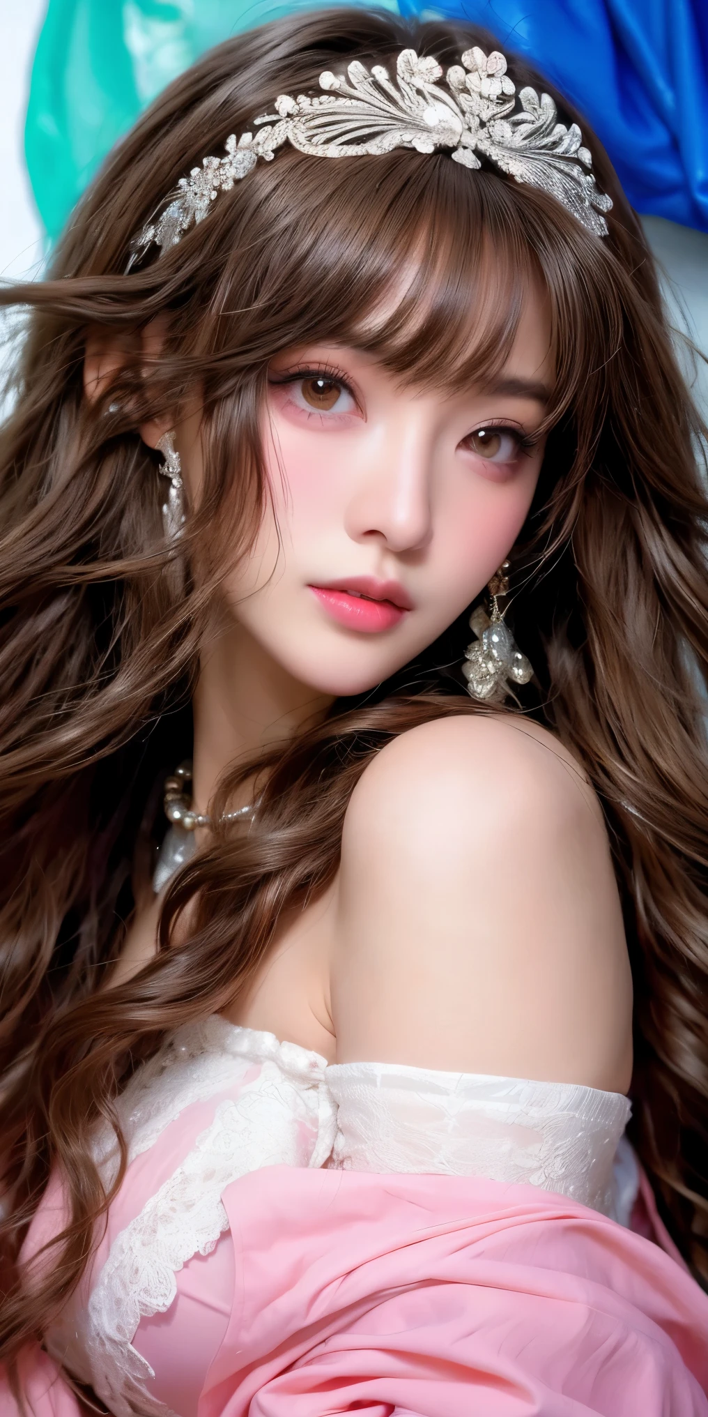 Canon RF85mm f/1.2,masterpiece,best quality,ultra highres,vc,1 girl,(korean mixed,kpop idol:1.2),solo,white_shiny_skin,black eyes,necklace,((brown_long_wavy_hair)),((pink_shiny_lips)),eyelashes,bangs,aface,make-up,shiny,Pore,skin texture,bracelet,offshoulder,see-through,big breasts