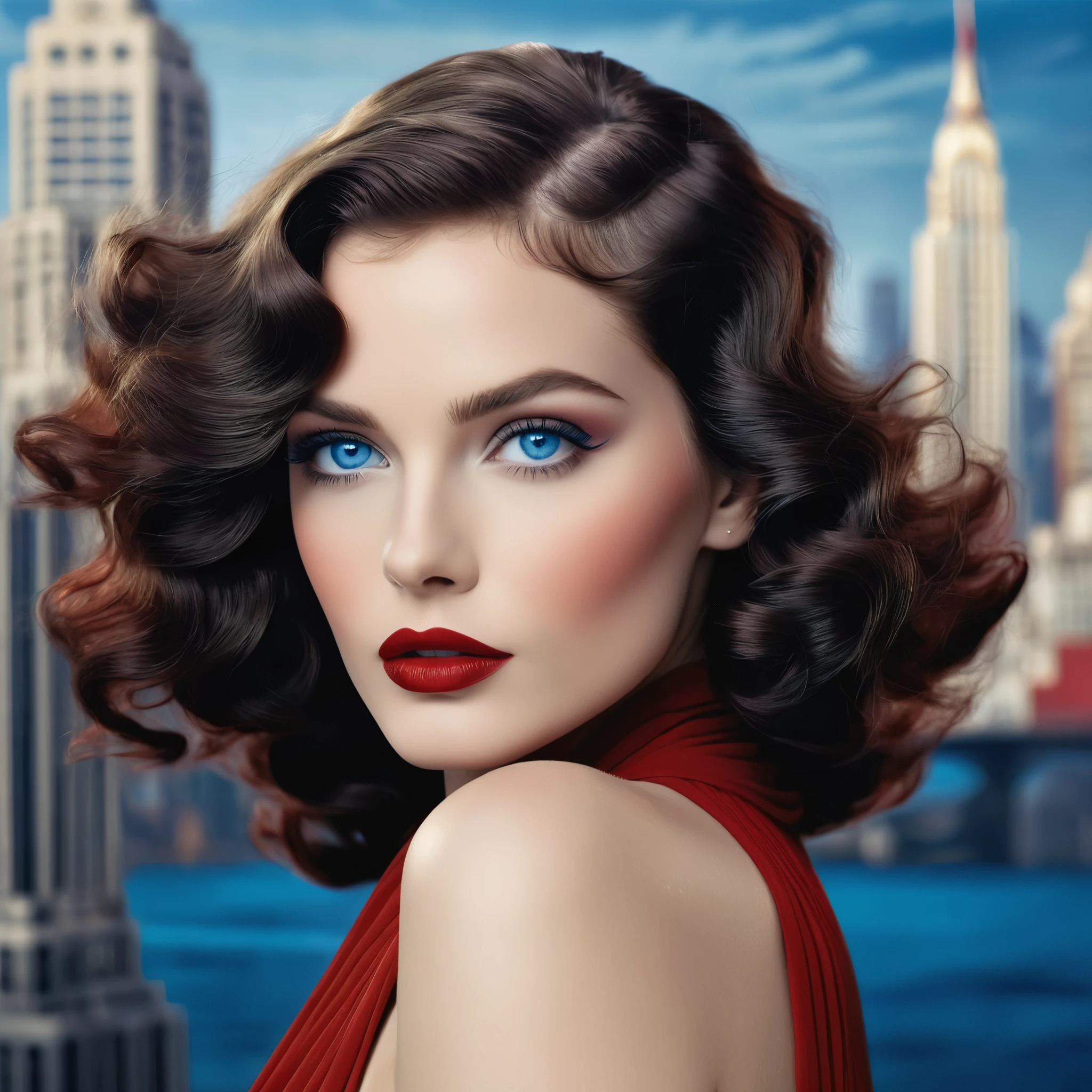 Picture an art deco muse with tousled waves of hair and mesmerizing blue eyes that evoke the glamour of the Jazz Age. Her lips, painted in a classic shade of red, exude sophistication and elegance as she stands against the backdrop of a monochrome cityscape, channeling the timeless allure of art deco aesthetics.