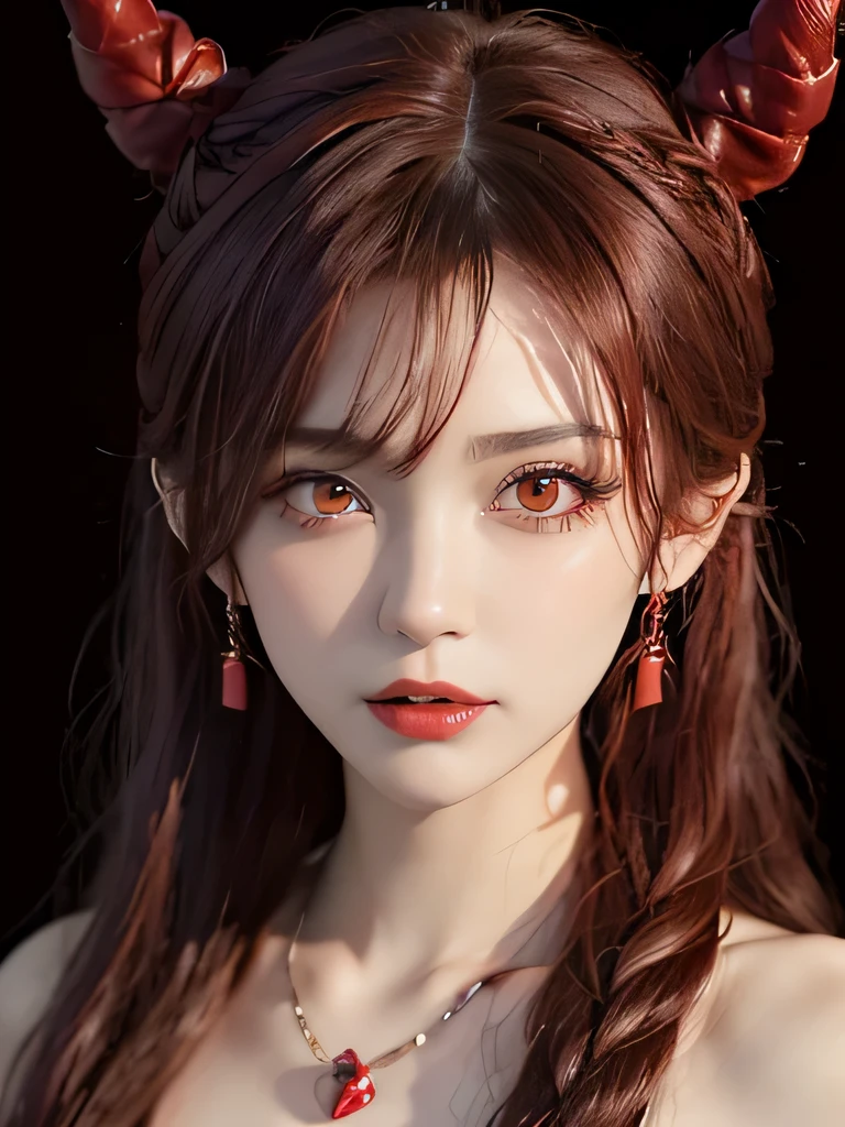 (in the dark:1.6), Surrealist female portraits by David Hockney and Alphonse Mucha,fantasy art, 4k, Award history,, 1 girl, in the dark, deep shadow, secret key,cowboy shot,(formal wear:1.4) ,long wavy hair,redhead,clavicle、flame background、redhead、red background、red spirit clothes、earrings、necklace、red tattoo、red eyes、she is a spirit、close up of face、red eyes、close up of face、red eyes、look up、red fairy costume、red headband、red eyes、Braid、bright red lipstick、Fire Devil、ponytail、red eyes、redhead、red eyes、