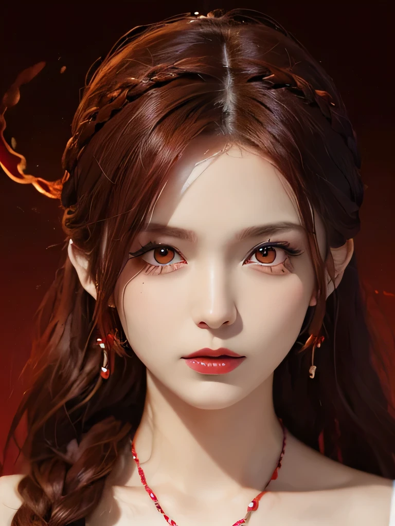 (in the dark:1.6), Surrealist female portraits by David Hockney and Alphonse Mucha,fantasy art, 4k, Award history,, 1 girl, in the dark, deep shadow, secret key,cowboy shot,(formal wear:1.4) ,long wavy hair,redhead,clavicle、flame background、redhead、red background、red spirit clothes、earrings、necklace、red tattoo、red eyes、she is a spirit、close up of face、red eyes、close up of face、red eyes、look up、red fairy costume、red headband、red eyes、Braid、bright red lipstick、Fire Devil、ponytail、red eyes、redhead、red eyes、