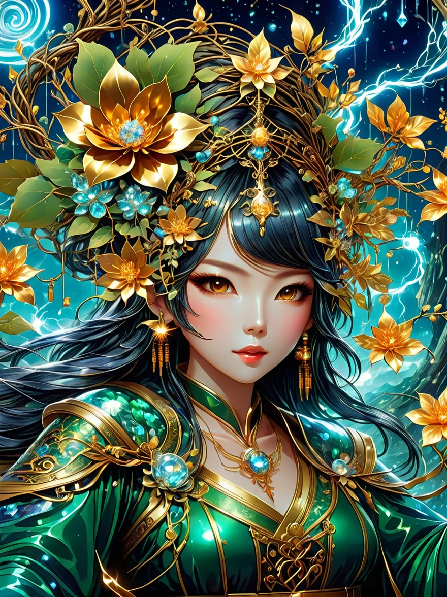 1 girl is a charming flower witch made of vines, 植物witch王, Vine Queen, Witch of Thorns, A charming girl woven from vines, charming矢车菊, The mysterious Tumi, Bloody hell flowers blooming at the gates of hell, Lead the soul to the other side, the charm of, charming, outstanding, witch, legendary magical girl, Magical Girl Glory, Metal flowers, A girl woven from metal vines, 少女拥有Metal flowers, mechanical metal style, metal art, Metal flowers, metal leaf, Full of metallic luster, Metal texture in the post-industrial era, metal wire crafts, golden flowers, Metal flowers, Silver flowers, metal tree branch, Crystal Pendant, Jade inlay, Carefully crafted, Perfect workmanship, Magic lightning background, blue lightning, masterpiece, art station, Surrealism, (highest quality, 8K, high resolution, masterpiece: 1.2), Extremely detailed, sportswear, landscape, fear, japanese manga, science fiction, photography, concept artist, high dynamic range, ultra high definition, studio lighting