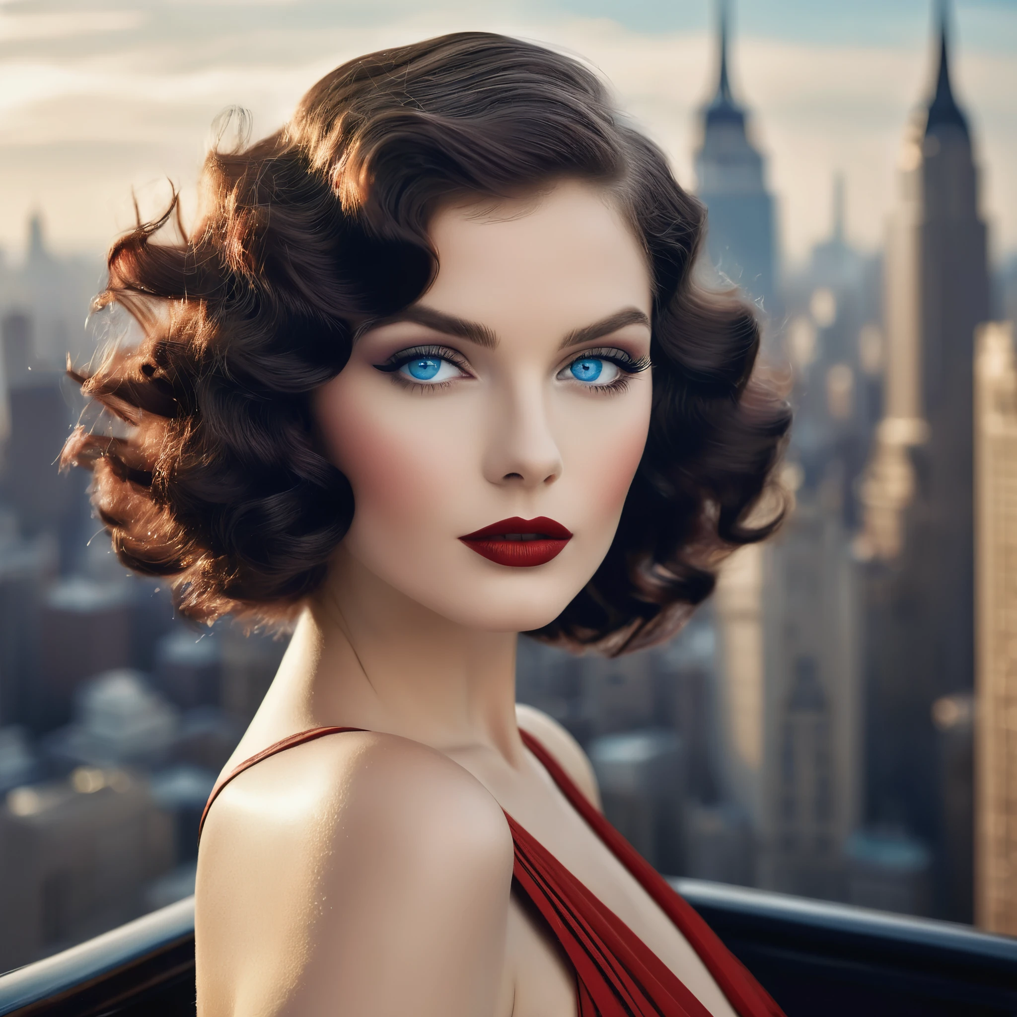 Picture an art deco muse with tousled waves of hair and mesmerizing blue eyes that evoke the glamour of the Jazz Age. Her lips, painted in a classic shade of red, exude sophistication and elegance as she stands against the backdrop of a monochrome cityscape, channeling the timeless allure of art deco aesthetics.