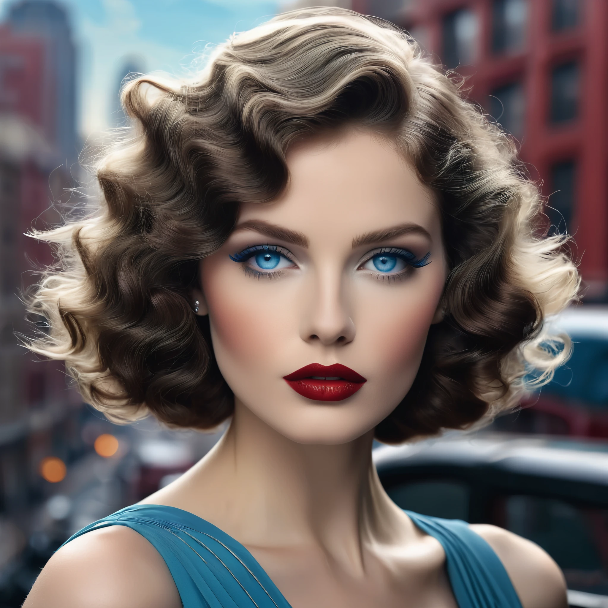 Picture an art deco muse with tousled waves of hair and mesmerizing blue eyes that evoke the glamour of the Jazz Age. Her lips, painted in a classic shade of red, exude sophistication and elegance as she stands against the backdrop of a monochrome cityscape, channeling the timeless allure of art deco aesthetics.