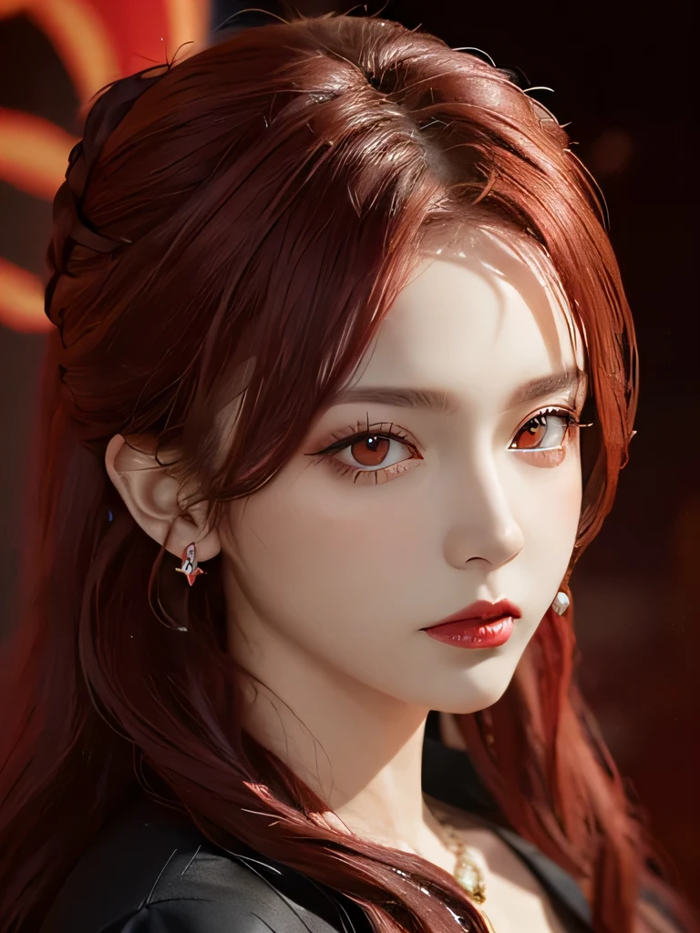 (in the dark:1.6), Surrealist female portraits by David Hockney and Alphonse Mucha,fantasy art, 4k, Award history,, 1 girl, in the dark, deep shadow, secret key,cowboy shot,(formal wear:1.4) ,long wavy hair,redhead,clavicle、flame background、redhead、red background、red spirit clothes、earrings、necklace、red tattoo、red eyes、she is a spirit、close up of face、red eyes、close up of face、red eyes、look up、red fairy costume、red headband、red eyes、Braid、bright red lipstick、Fire Devil、ponytail、red eyes、redhead、red eyes、