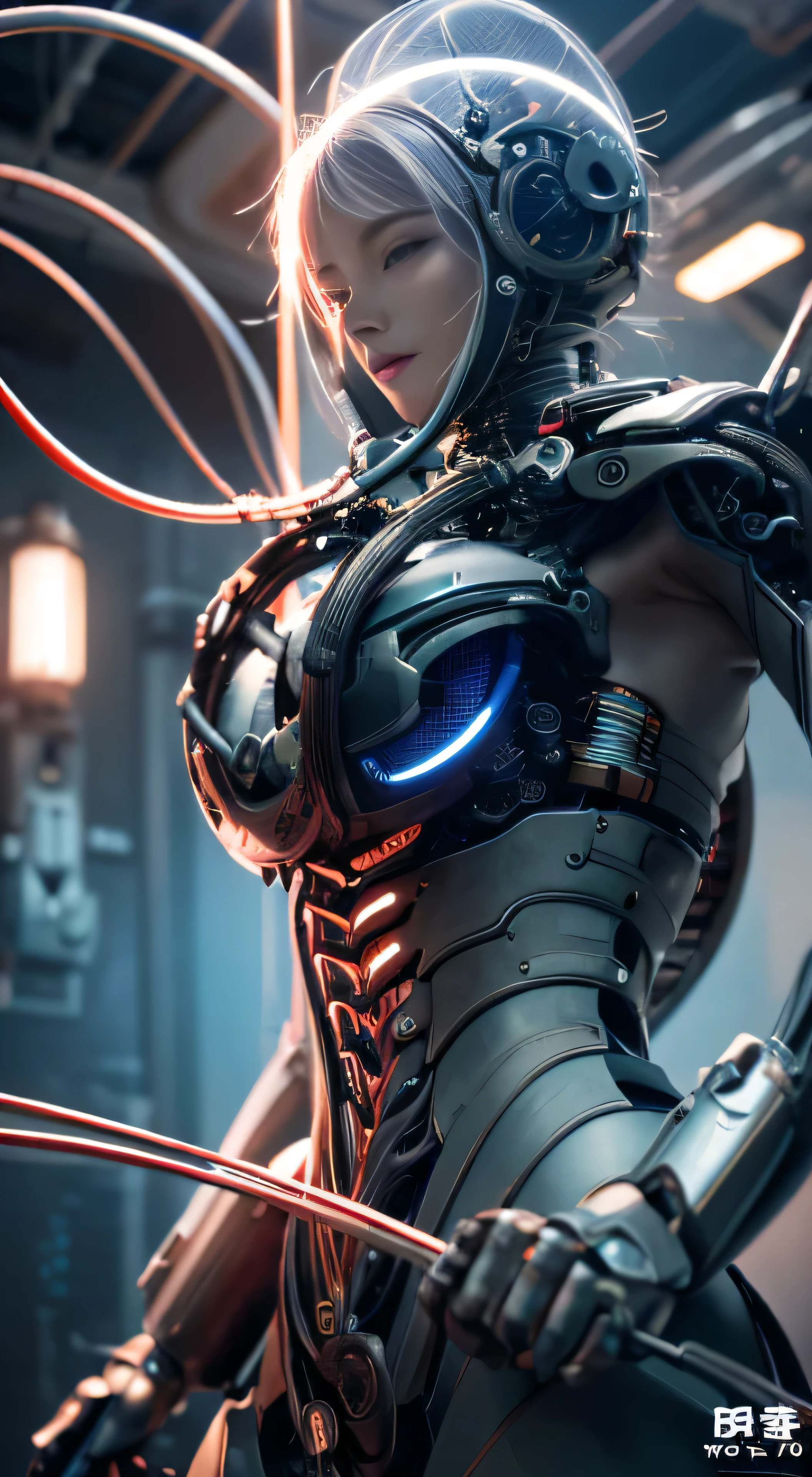 (from back:1.5),((1mechanical girl)),solo, (standing), (machine made joints:1.2),((machanical limbs)),(blood vessels connected to tubes),(mechanical vertebra attaching to back),((mechanical cervial attaching to neck)), lights on armor, mecha headglass,Luminous spine, laser eyes,expressionless,huge breast,Look away from the camera,
colorful,hdr, ray tracing, nvidia rtx, super-resolution, unreal 5, subsurface scattering, pbr texturing, post-processing, anisotropic filtering, depth of field, maximum clarity and sharpness, rule of thirds, 16k raw, (luminescent particles:1.4), (extremely detailed cg, unity 8k wallpaper, 3d, cinematic lighting, lens flare), reflections, sharp focus, cyberpunk art, ((realistic)), (highly detailed CG illustration), ((an extremely delicate and beautiful)),cinematic light,(photorealistic:1.5), (Dark room:1.5),dynamic angle, (((masterpiece))), (((best quality))), ((ultra-detailed)), (illustration), (detailed light), dramatic_shadow,(face shadow (extra detailed,best performance)),