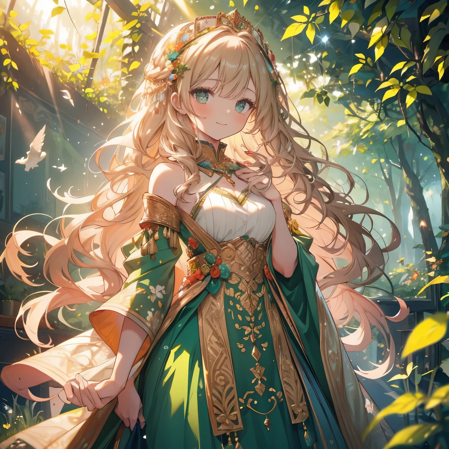 masterpiece, top-quality, high resolution, SA1, a young woman with long, wavy chestnut hair, wearing a costume crafted with intricate cuts and adorned with forest green flowers and tiny birds. The outfit reveals a hint of her shoulder, giving a sneak peek of her toned arm, while the sunlight filters through the foliage, casting a natural, ethereal glow on her lovely features. This exquisitely detailed image is a testament to the beauty of nature and the artistry of the costume designer. 4K, high resolution, One Woman, Soft features, Enchanting smile, Long wavy hair, Green and floral dress, Birds accessories, Sunlight