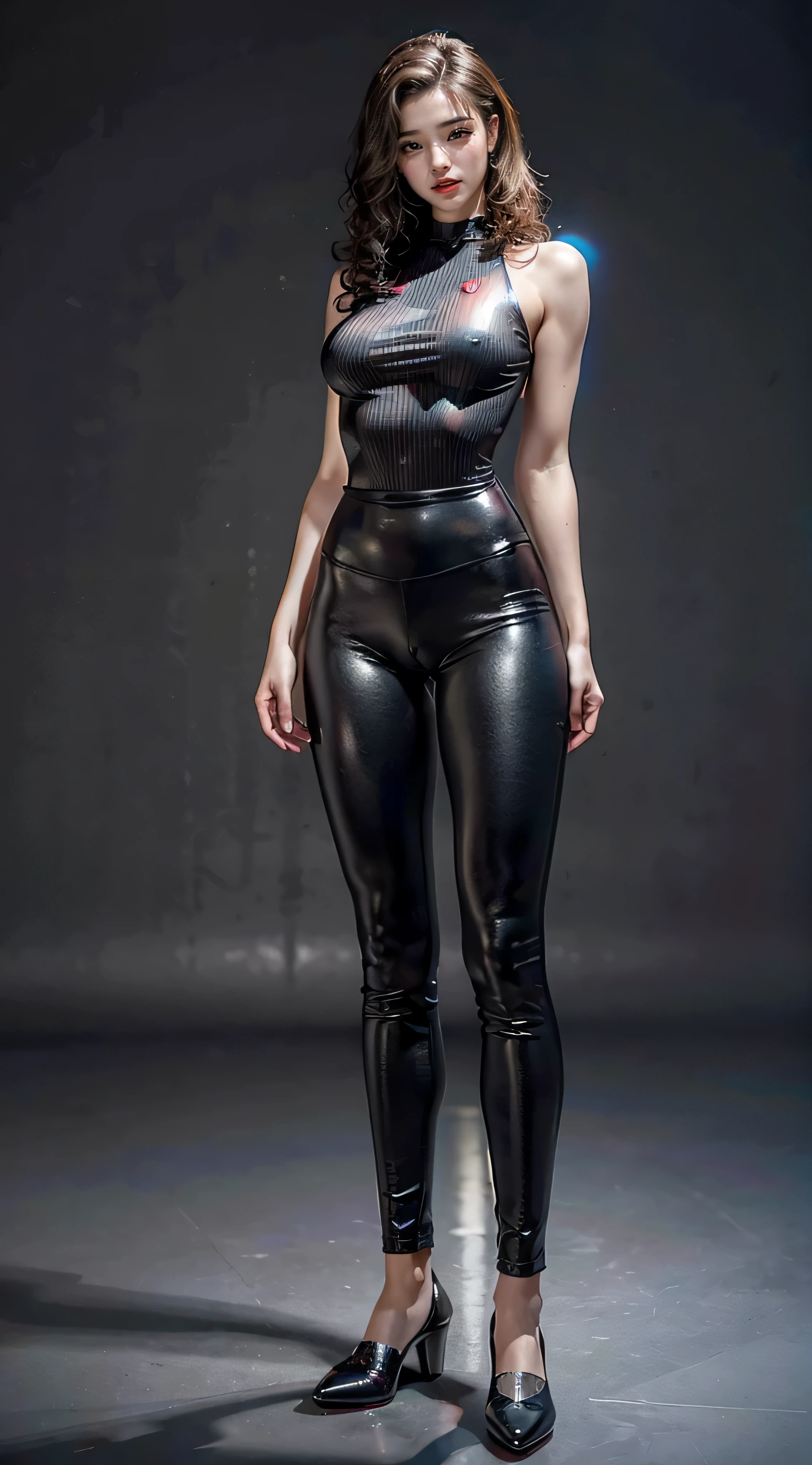 (masterpiece, best quality, realistically, Work, super detailed, 8K), ((Wide-angle lens, Full body female love)), 1 girl，Light makeup，Smile，Exquisite facial features，Dark brown hair, Pompadour hairstyle, curls, spy, StylWork light gray suit, Suitable for the body，Pants，leather shoes，  (bright colors:1.1) ,Intense and dramatic lighting, (Bokeh:1.1) ,With slight red and blue tints,  (Physically based rendering) ,camel toe, front standing posture ，Face the audience，full body portrait，gray background