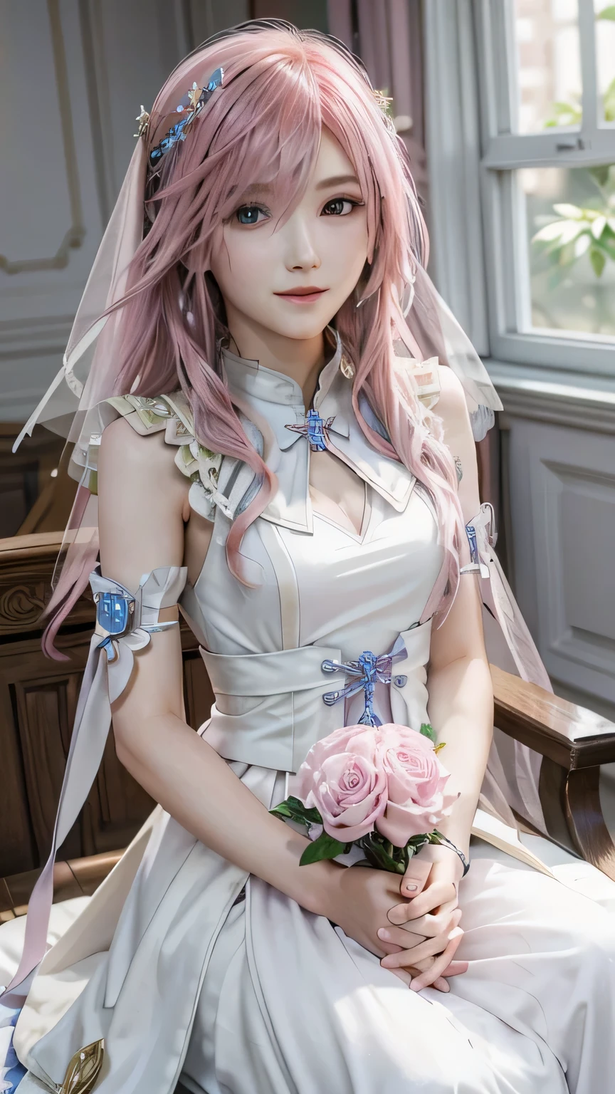 (masterpiece, highest quality:1.3)
1 girl, alone, long hair, pink hair、beautiful blue wedding dress、whole body、smile