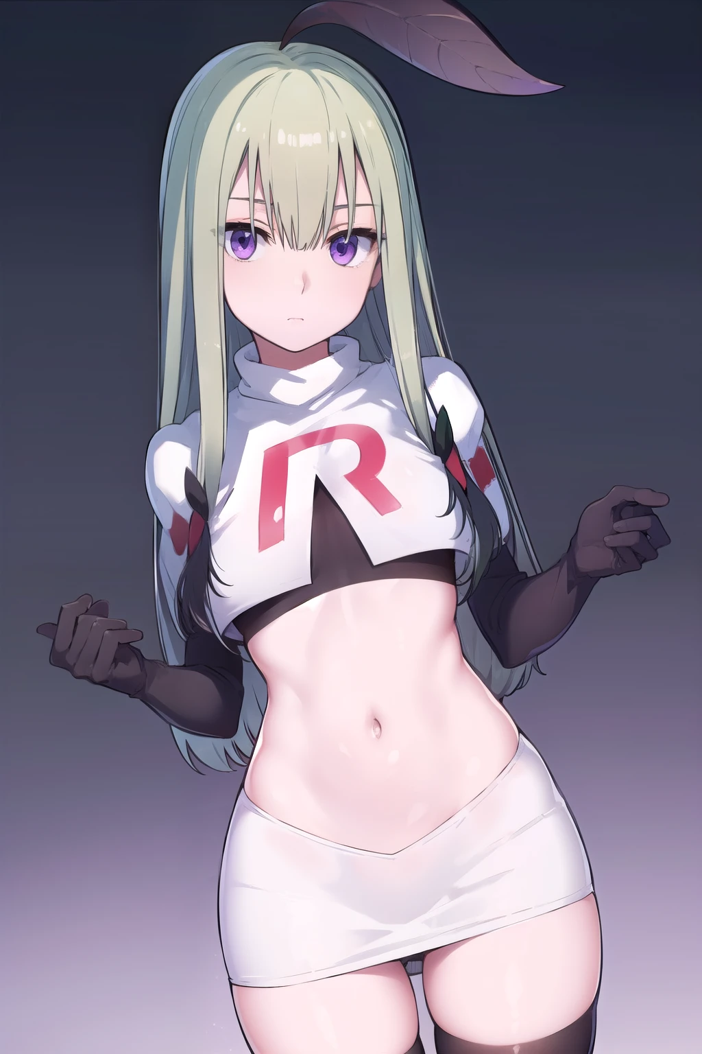 mandragora, mandragora, long hair, bangs, ahoge, green hair, (purple eyes:1.1), bow, hair bow,
BREAK team rocket,team rocket uniform, red letter R, white skirt,white crop top,black thigh-highs,black elbow gloves
BREAK looking at viewer, (cowboy shot:1.5),
BREAK (masterpiece:1.2), best quality, high resolution, unity 8k wallpaper, (illustration:0.8), (beautiful detailed eyes:1.6), extremely detailed face, perfect lighting, extremely detailed CG, (perfect hands, perfect anatomy),