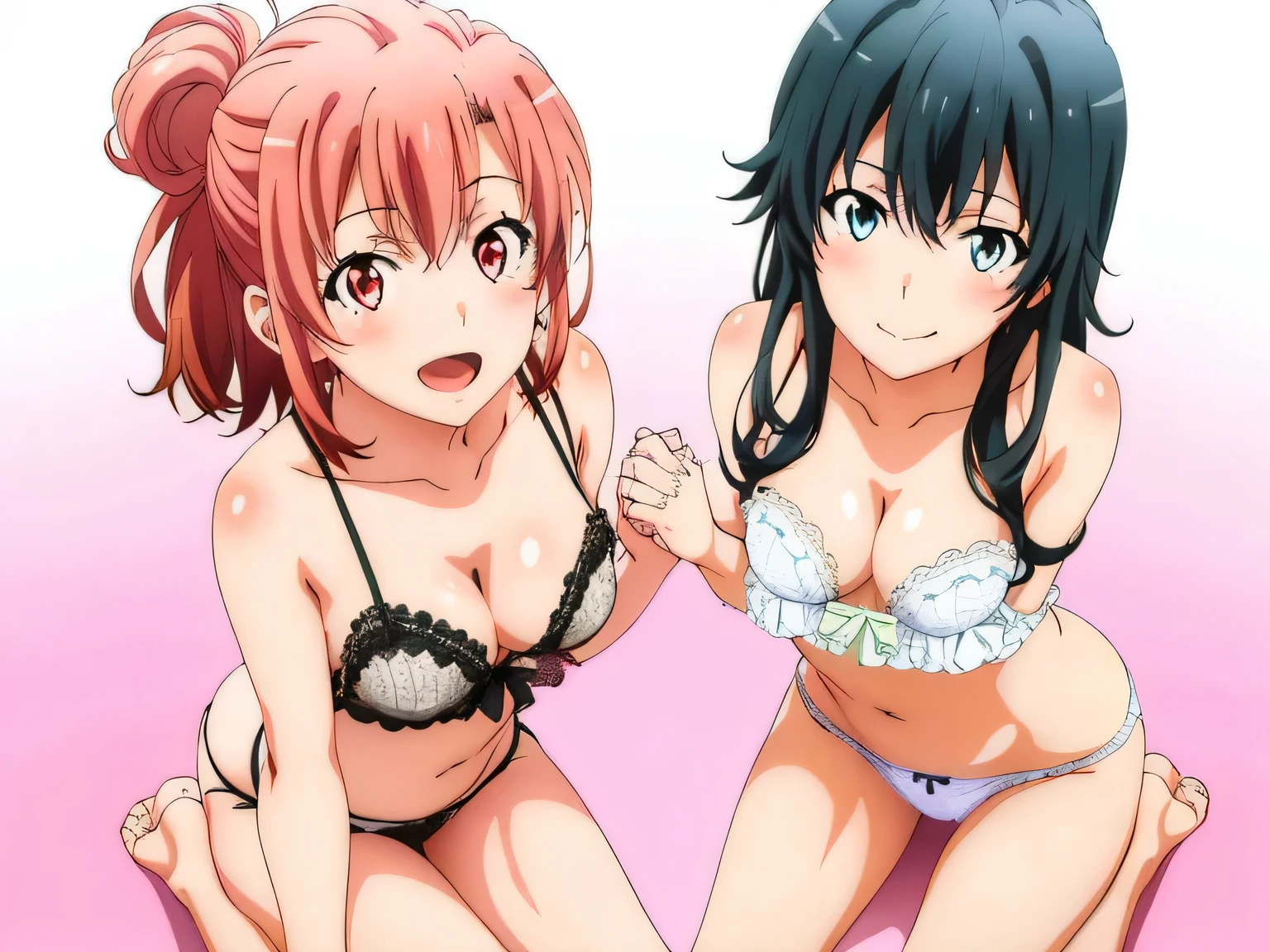 2 girls , Yukinoshita Yukino , yuigahama yui'My breasts and butt feel good..., waltz dance , In underwear,raise your legs,whole body,white silk panties,thong panties pink silk panties,thighs,high angle,smile,beautiful eyes,Clear eye color,