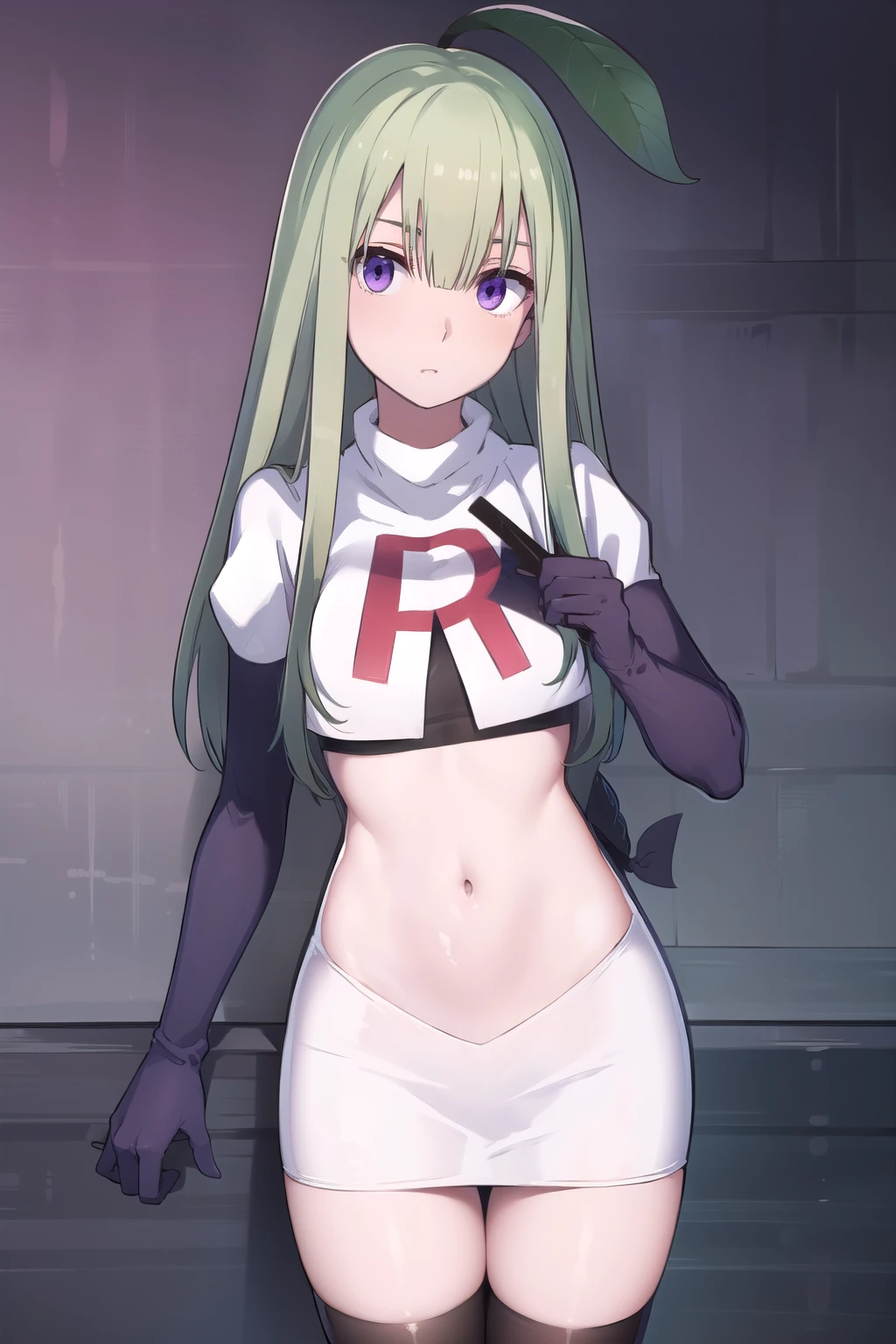 mandragora, mandragora, long hair, bangs, ahoge, green hair, (purple eyes:1.1), bow, hair bow,
BREAK team rocket,team rocket uniform, red letter R, white skirt,white crop top,black thigh-highs,black elbow gloves
BREAK looking at viewer, (cowboy shot:1.5),
BREAK (masterpiece:1.2), best quality, high resolution, unity 8k wallpaper, (illustration:0.8), (beautiful detailed eyes:1.6), extremely detailed face, perfect lighting, extremely detailed CG, (perfect hands, perfect anatomy),