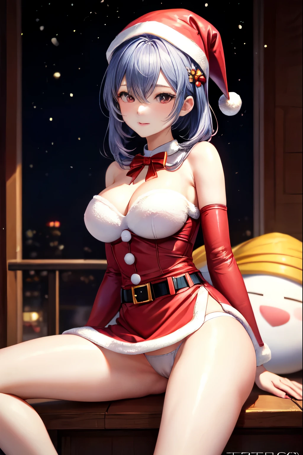 ((highest quality)), ((masterpiece)), (Detailed miniskirt Santa),Squeeze with your left hand、white panties、(white panties:1.3) perfect face、beautiful breastini skirt、Wear only miniskirt Santa dress、spread her legs、show white panties,sexy