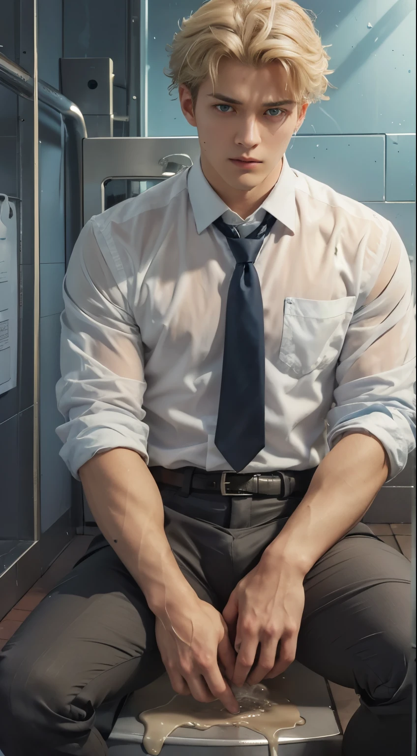 Super Realistic photography, Transparent see through white shirt, 17 yeas old boy,（1 young boy)，A high resolution， Sharp focuasterpiece， （（Complicated details））， highly  detailed， natsuki_subaru，Multi-view upper body，Suit pants view， 1 man，is shy，Pee on the legs，pissing，Urine runs down the thighs，embarressed，exhilarated，is shocked，panicking，worry，A small puddle of their own urine forms around the feet，full bodyesbian，kneels on the ground，Very eager to pee，It's uncomfortable，Wet yourself，Urine discharge， Sweaty crotch，Drenched，rain，The shirt is soaked，（A gesture of pleading），blue color eyes（eyes glowing）， Short gray hair，white  shirt，Wear a tie，Wear a belt，Black suit trousers，perspire，look from down