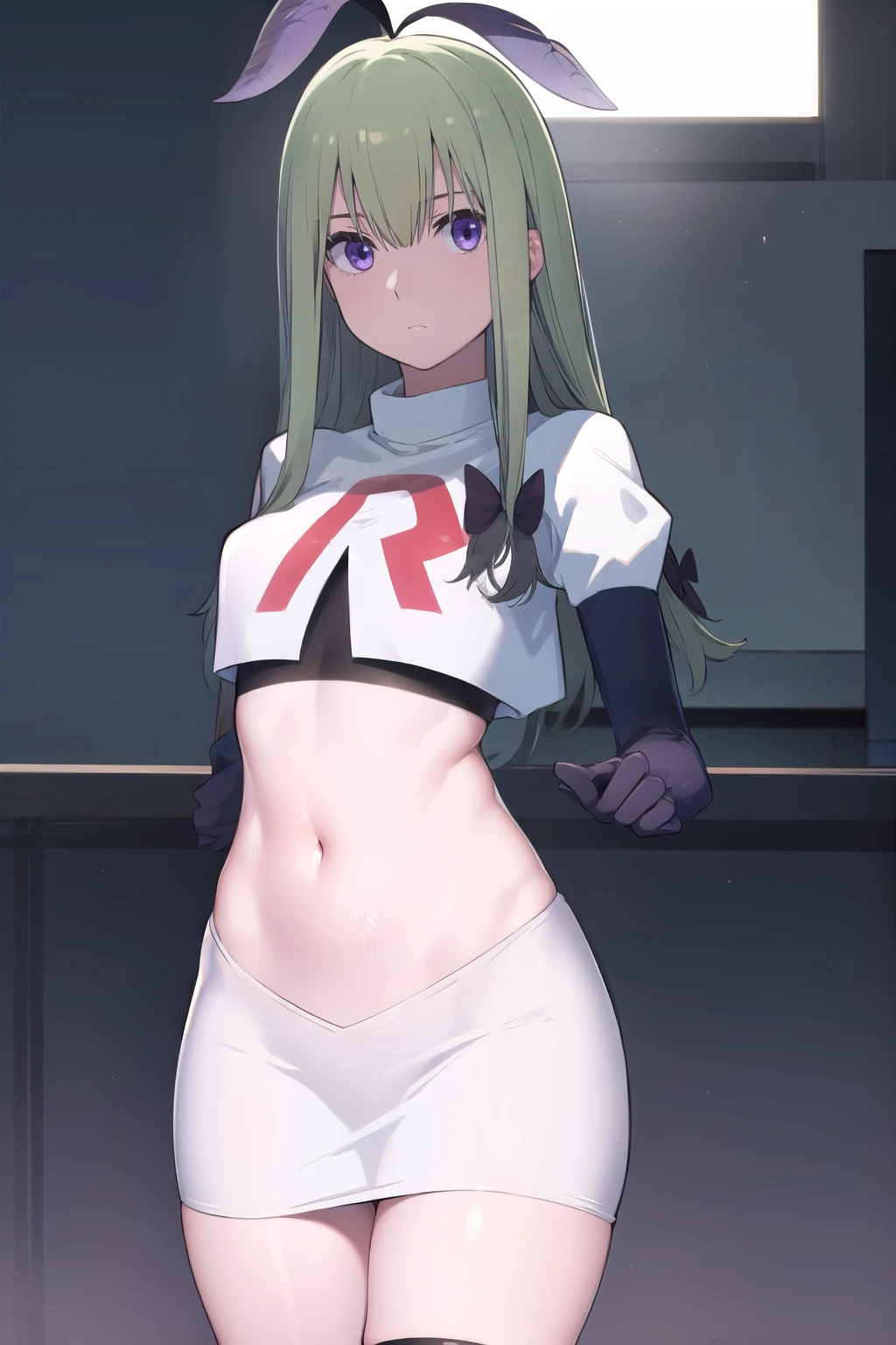 mandragora, mandragora, long hair, bangs, ahoge, green hair, (purple eyes:1.1), bow, hair bow,
BREAK team rocket,team rocket uniform, red letter R, white skirt,white crop top,black thigh-highs,black elbow gloves
BREAK looking at viewer, (cowboy shot:1.5),
BREAK (masterpiece:1.2), best quality, high resolution, unity 8k wallpaper, (illustration:0.8), (beautiful detailed eyes:1.6), extremely detailed face, perfect lighting, extremely detailed CG, (perfect hands, perfect anatomy),