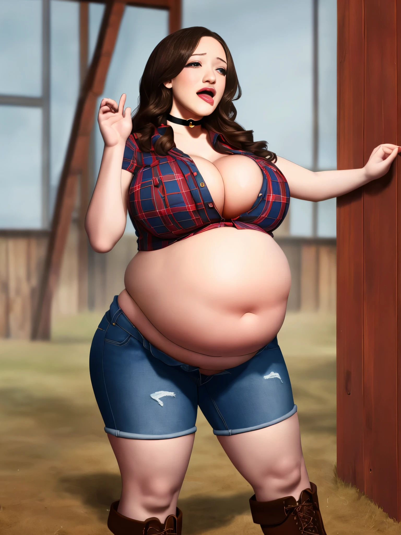 Kat Dennings, masterpiece quality, realistic, lots of detail, in a barn, long hair, wearing choker collar, wearing red plaid blouse, midriff, lots of cleavage, wearing blue jean shorts, bare legs, wearing cowboy boots, big breasts, (big breasts:1.3), chubby belly, (chubby belly:1.4), seductive pose, ahegao face, (ahegao face:1.3),