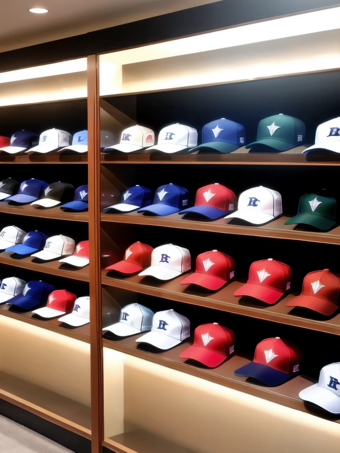 Display cabinet for baseball caps in shopping mall. The entire wall is full of baseball caps HD 