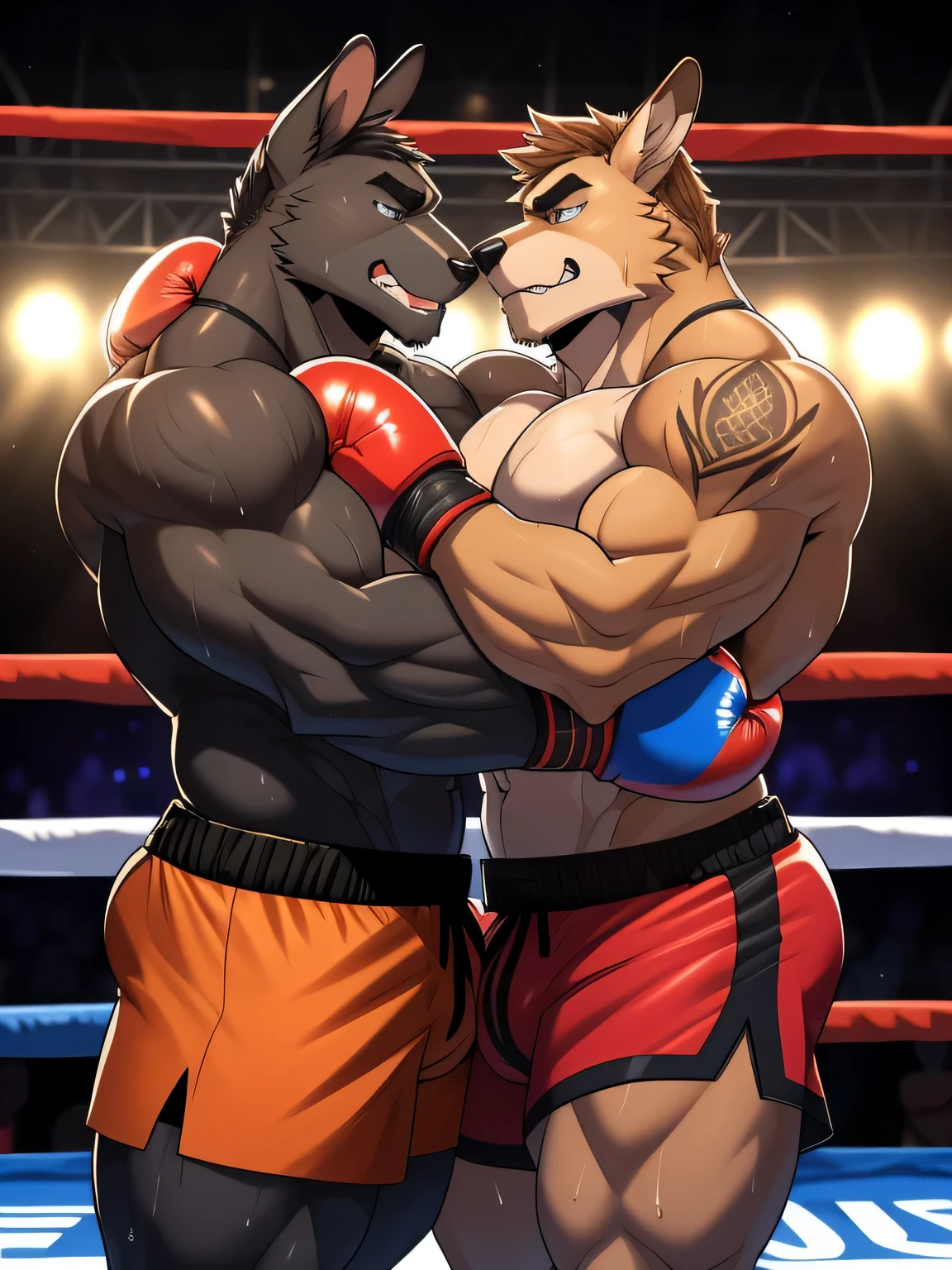 Duo male furry fighters(Black Kangaroo vs Brown Kangaroo, handsomes, Thick eyebrows), beso gay((Cuddling clinched in a boxing match)(cuddling body frottage)), hot(Full body, shirtless, Big cock), handsomes(They are handsomes, correct anatomy), musculosos(Big muscle bodies, Six pack, abs frottage, big pecs, muscle legs), sweaty(very sweaty wet bodies), tatuajes(they have tattoos), Angry(They have an angry expression), Boxing gloves(They both are wearing boxing gloves), boxers(They are wearing shorts boxers), Hight resolution