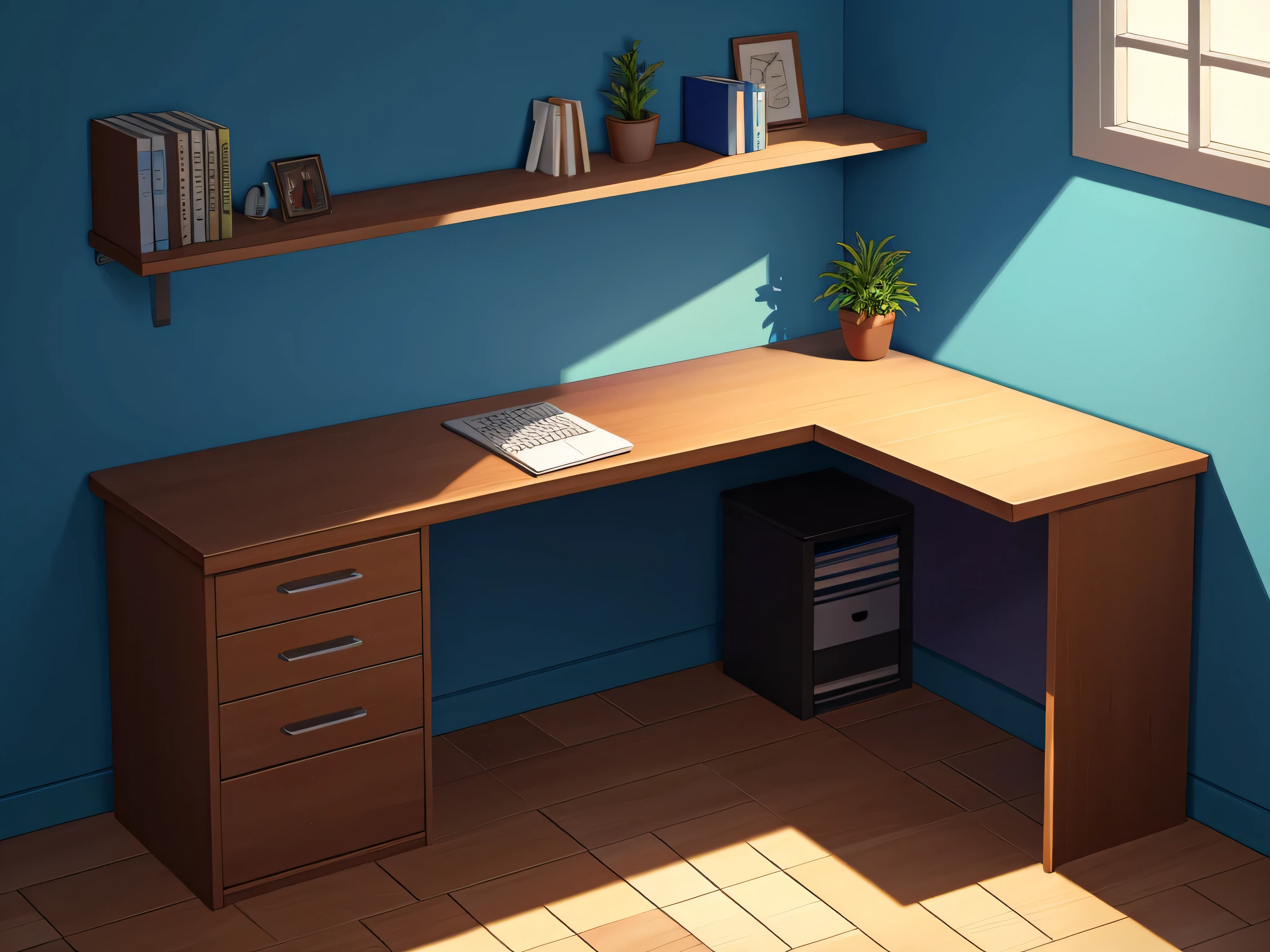 no furry, no one,background only, floor, wall, corner, from below, desk, facing the back of desk, shelves, from under desk, from behind desk, under desk,underneath, blue walls