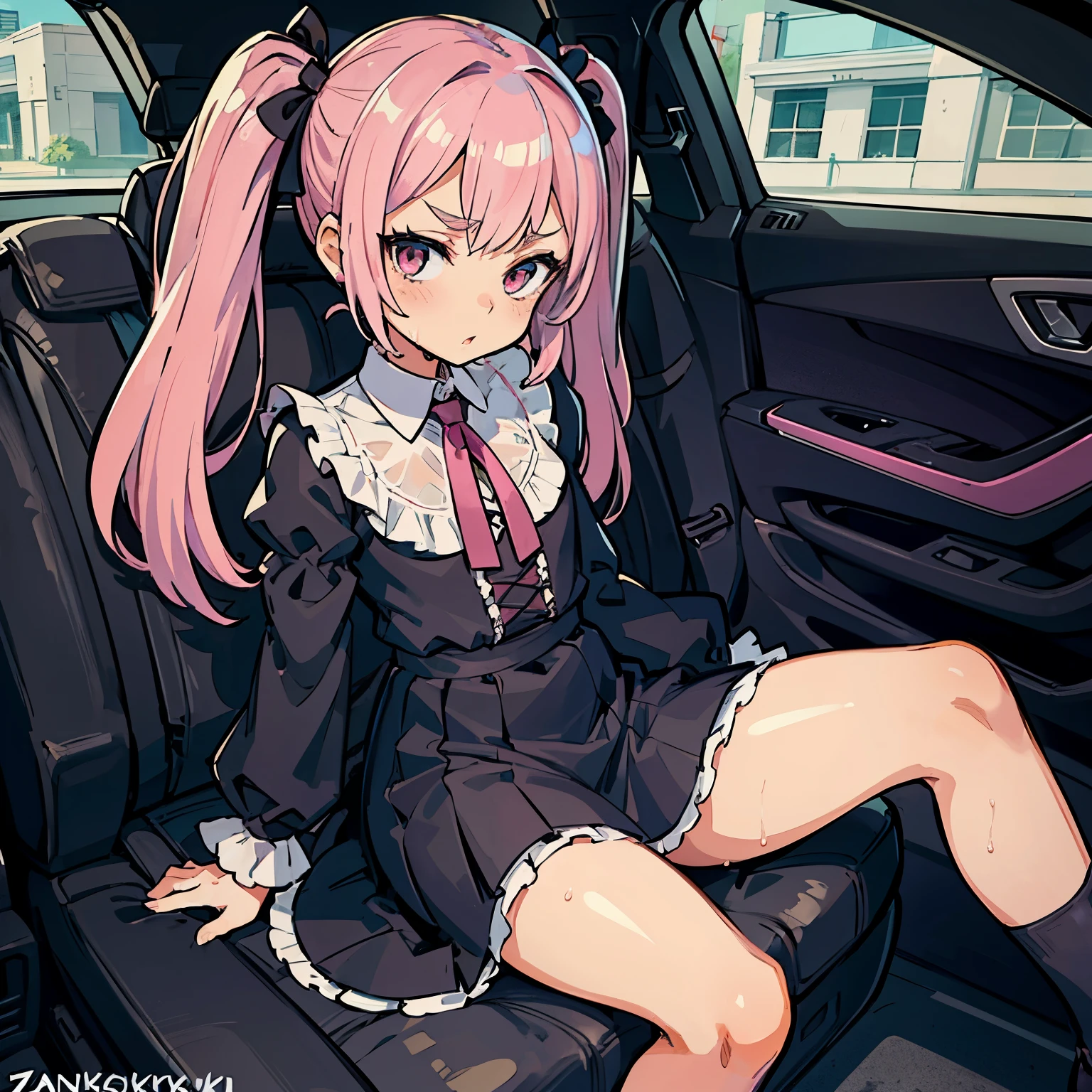 Girl with pink hair, long twin-tail hairstyle, small bushy eyebrows, dressed in gothic lolita outfit, lolicon (Zankuro) drawing style by zankuro artist, Zancrow style, image uploaded to R34, moving her skirt to show her wet vagina with semen, sitting inside a car