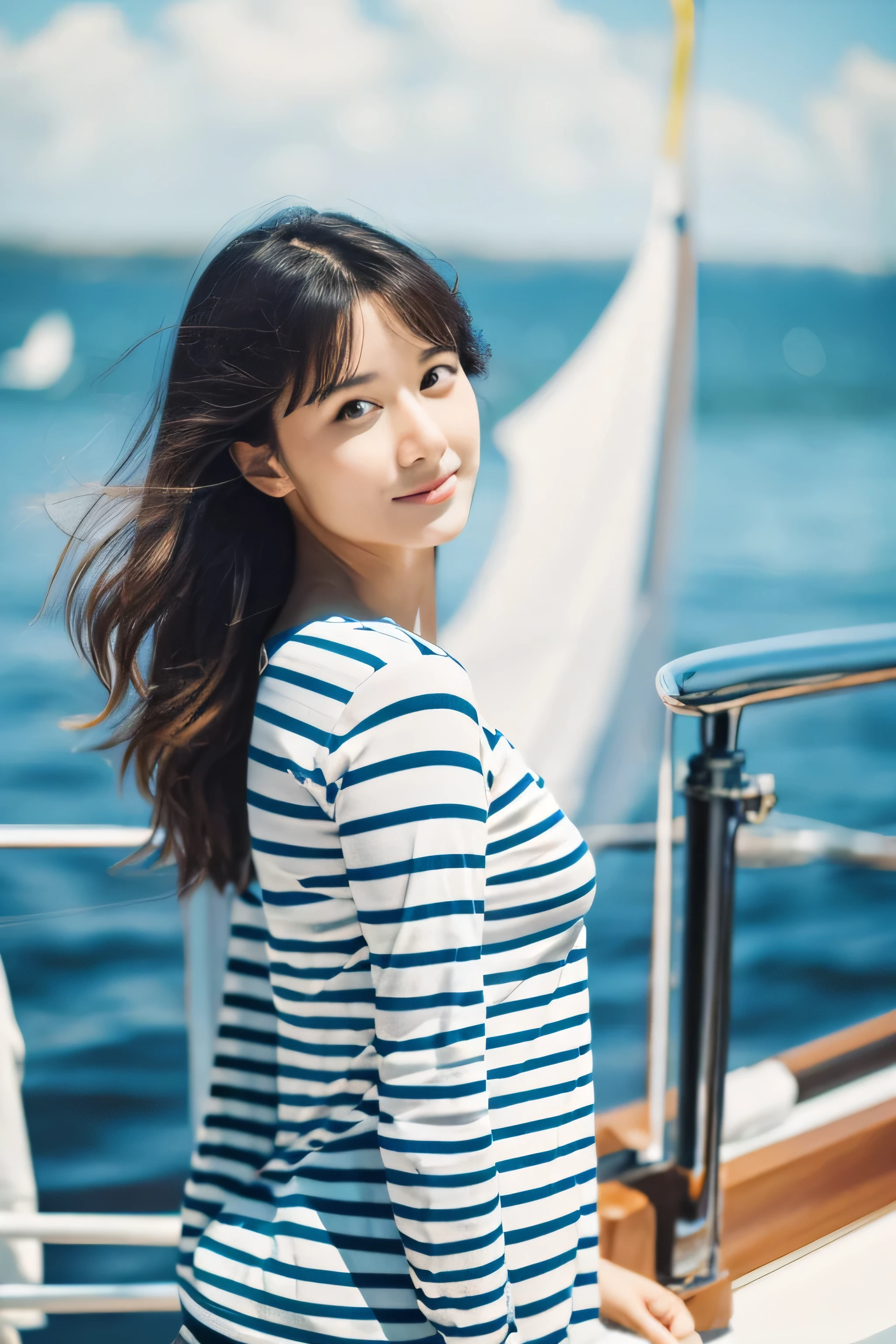 形の良い女性の自然なfull body shot 35mm, Model wearing a tight striped shirt, 夏の日のsailboat ,steer the steering wheel ,sailboat, japanese woman, yacht, yacht,young woman,photograph, surreal, 8K, sailboatの上にいる女性のphotograph, Large handle ,Good weather, gentle waves, perfect eyes, shallow depth of field,full body shot,Photographed from the front,Large handleが前に,Holding the handle,take the handle