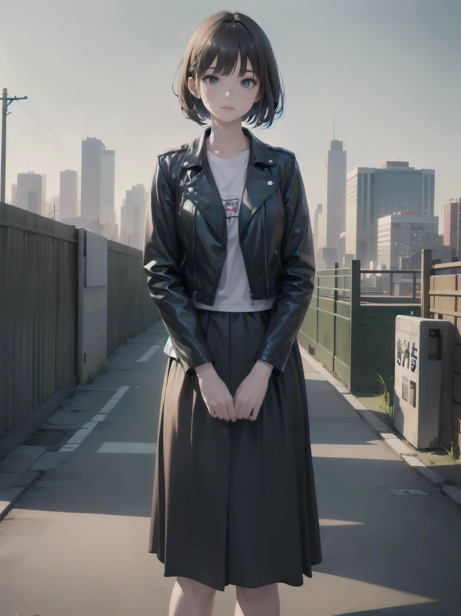 (((city:1.3, outdoor, Photographed from the front))), ((bob cut、braid、ribbon:1.3, leather jacket,brand clothes, japanese woman, cute)), (clean, natural makeup), (highest quality, masterpiece:1.3, 超High resolution), (Super detailed, caustics), (realistic:1.4, RAW shooting), very detailed, High resolution, 16K resolution