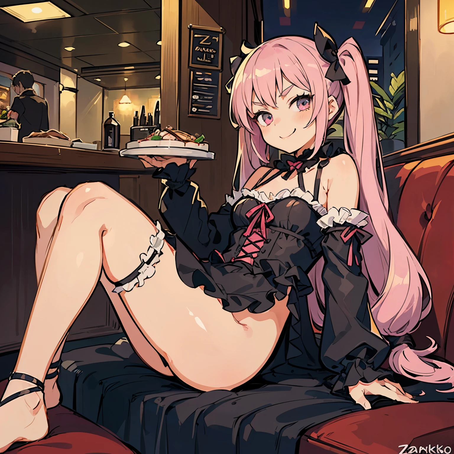 Young girl with pink hair, long twintail hairstyle, small bushy eyebrows, wearing gothic ta clothes, loli(Zankuro) drawing style by zankuro artist, Zancrow style, image uploaded in R34, walking in the mall, flirty smile , suddenly having sex in public, sitting on your side ((public sex in a restaurant)) ((lying on her side))