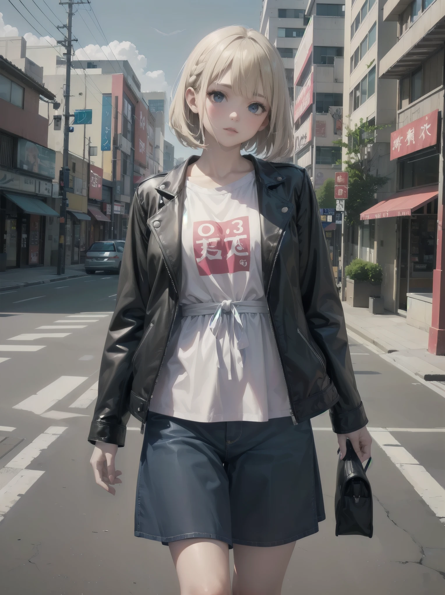 (((city:1.3, outdoor, Photographed from the front))), ((bob cut、braid、ribbon:1.3, leather jacket,brand clothes, japanese woman, cute)), (clean, natural makeup), (highest quality, masterpiece:1.3, 超High resolution), (Super detailed, caustics), (realistic:1.4, RAW shooting), very detailed, High resolution, 16K resolution