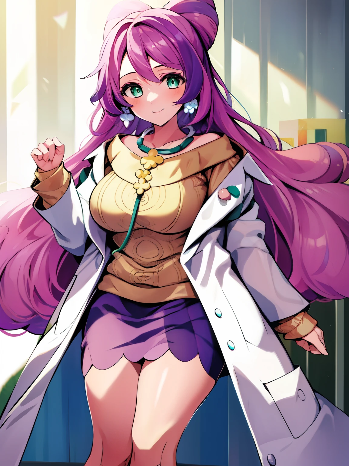 Pokemon、、big breasts、big breasts、big、get up、May、 \(Pokemon\)、forest、light、1 girl、Pokemon, 1 girl, miriam, long hair, purple hair, 1 girl, jewelry, green eyes, earrings, coat, looking at the viewer, sweater, open coat, alone, skirt, white coat, open clothes, colorful hair, smile、thick thighs