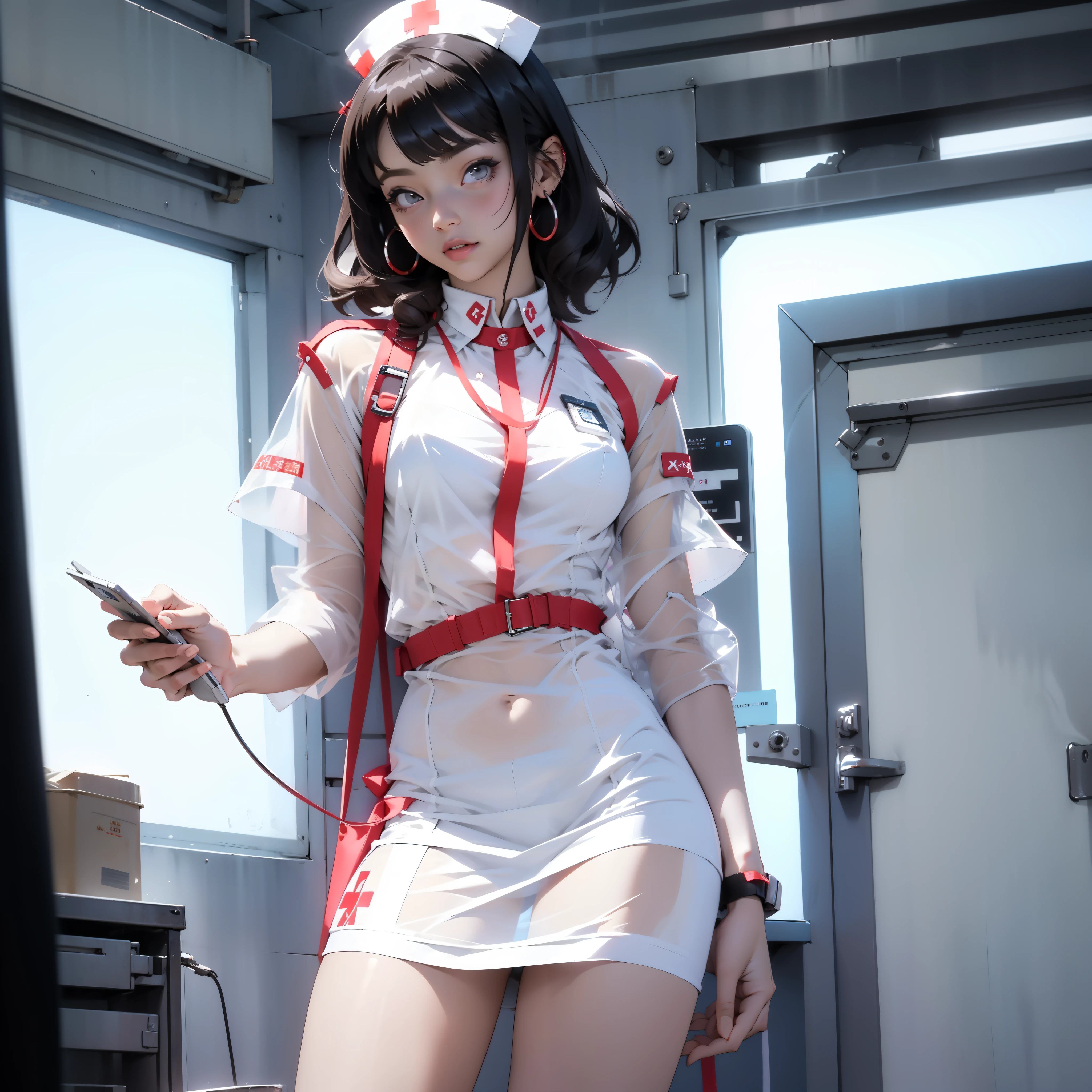 Beautiful female nurse，1 woman，short mini dress，see-through transparent clothes,  