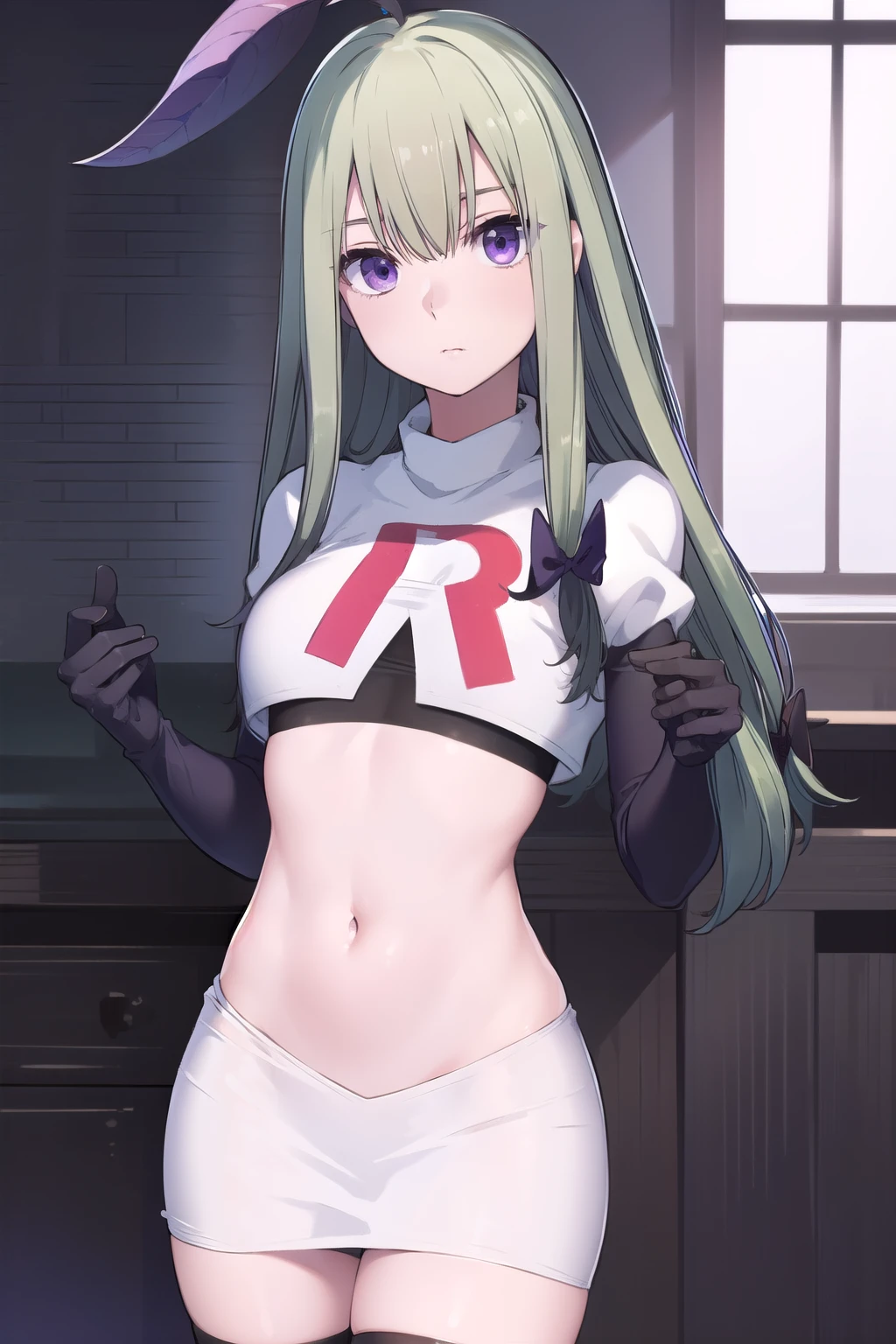 mandragora, mandragora, long hair, bangs, ahoge, green hair, (purple eyes:1.1), bow, hair bow,
BREAK team rocket,team rocket uniform, red letter R, white skirt,white crop top,black thigh-highs,black elbow gloves
BREAK looking at viewer, (cowboy shot:1.5),
BREAK (masterpiece:1.2), best quality, high resolution, unity 8k wallpaper, (illustration:0.8), (beautiful detailed eyes:1.6), extremely detailed face, perfect lighting, extremely detailed CG, (perfect hands, perfect anatomy),