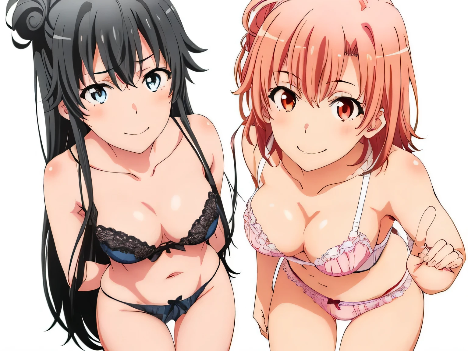 ((2 girls:1.0)), (Yuigahama Yui shapely breasts, shapely buttocks and beautiful crotch),(Yukinoshita Yukino),no background,In underwear,,Ribbon on panties,pink silk panties,pink silk panties,belly button,Crotch with streaks,thighs,knees,calf,front,looking at camera,(high angle),open your mouth,smile,Panoramic view of the head,beautiful eyes