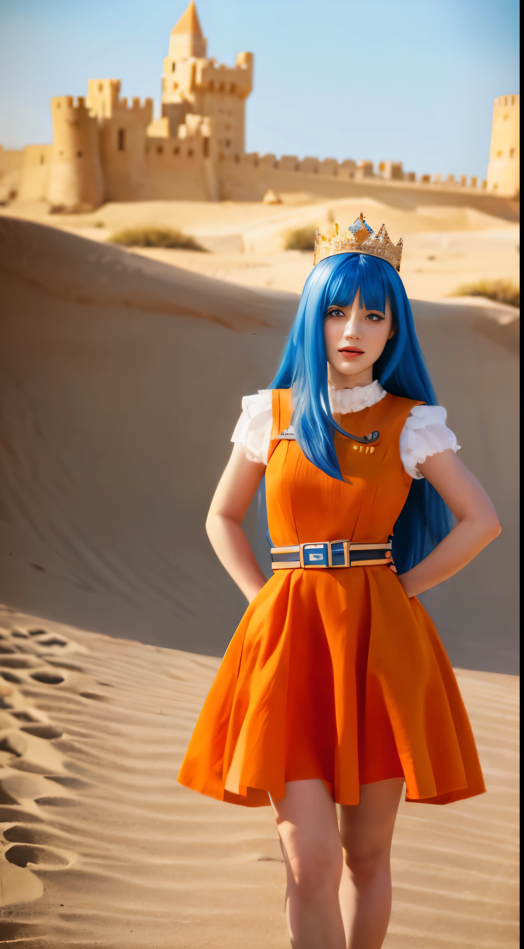 masterpiece, best quality, solo, 1girl, orange hair, blue hair, :D, orange dress, looking at viewer, outdoors, sand, sand dunes, huge castle, crown, standing, full body, cowboy shot, hands on hips, 