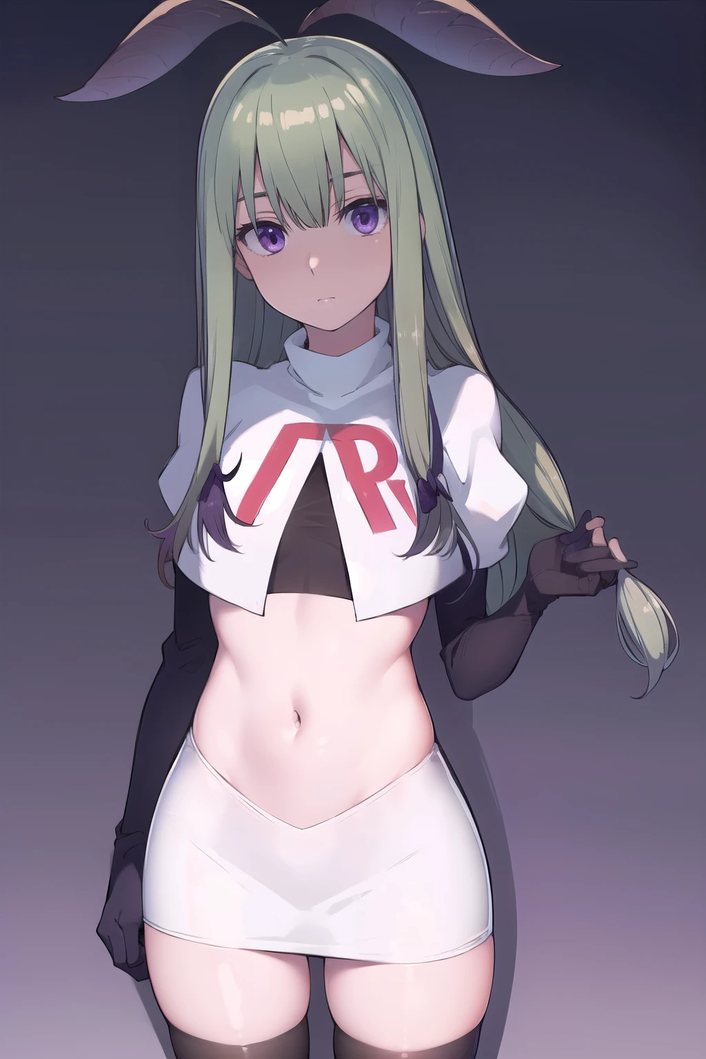 mandragora, mandragora, long hair, bangs, ahoge, green hair, (purple eyes:1.1), bow, hair bow,
BREAK team rocket,team rocket uniform, red letter R, white skirt,white crop top,black thigh-highs,black elbow gloves
BREAK looking at viewer, (cowboy shot:1.5),
BREAK (masterpiece:1.2), best quality, high resolution, unity 8k wallpaper, (illustration:0.8), (beautiful detailed eyes:1.6), extremely detailed face, perfect lighting, extremely detailed CG, (perfect hands, perfect anatomy),