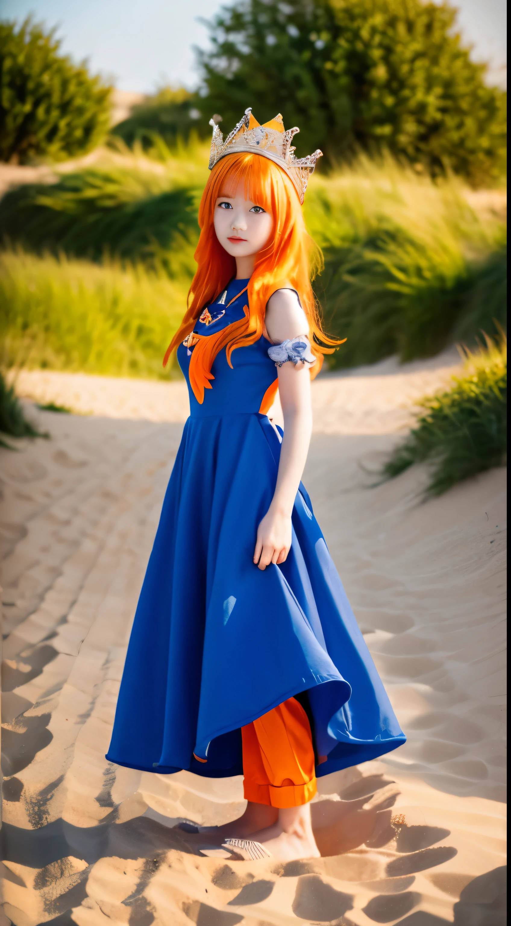 masterpiece, best quality, solo, 1girl, orange hair, blue hair, :D, orange dress, looking at viewer, outdoors, sand, sand dunes, huge castle, crown, standing, full body, cowboy shot, hands on hips, 