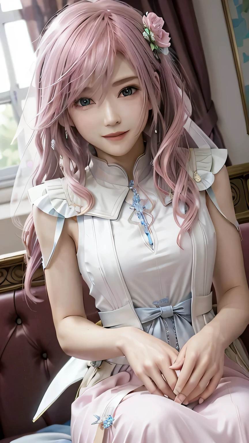 (masterpiece, highest quality:1.3)
1 girl, alone, long hair, pink hair、beautiful blue wedding dress、whole body、smile