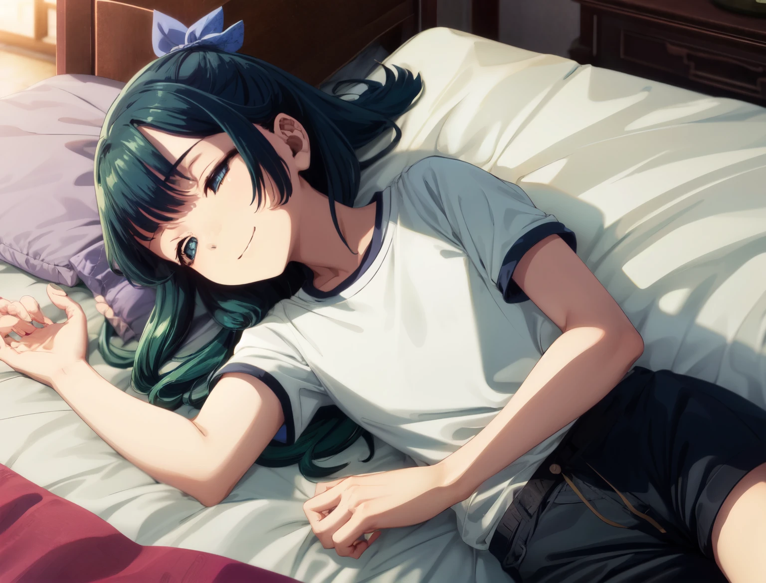 Are thin、green hairstyle,、Only one girl is in the picture、smile、solo shot,white t-shirt、black shorts、Are sleeping、on the bed