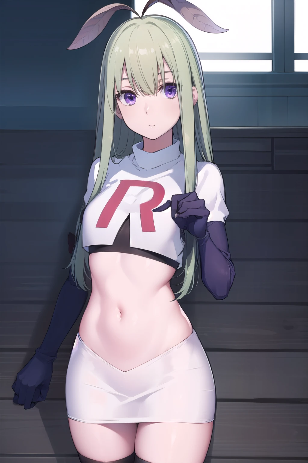 mandragora, mandragora, long hair, bangs, ahoge, green hair, (purple eyes:1.1), bow, hair bow,
BREAK team rocket,team rocket uniform, red letter R, white skirt,white crop top,black thigh-highs,black elbow gloves
BREAK looking at viewer, (cowboy shot:1.5),
BREAK (masterpiece:1.2), best quality, high resolution, unity 8k wallpaper, (illustration:0.8), (beautiful detailed eyes:1.6), extremely detailed face, perfect lighting, extremely detailed CG, (perfect hands, perfect anatomy),