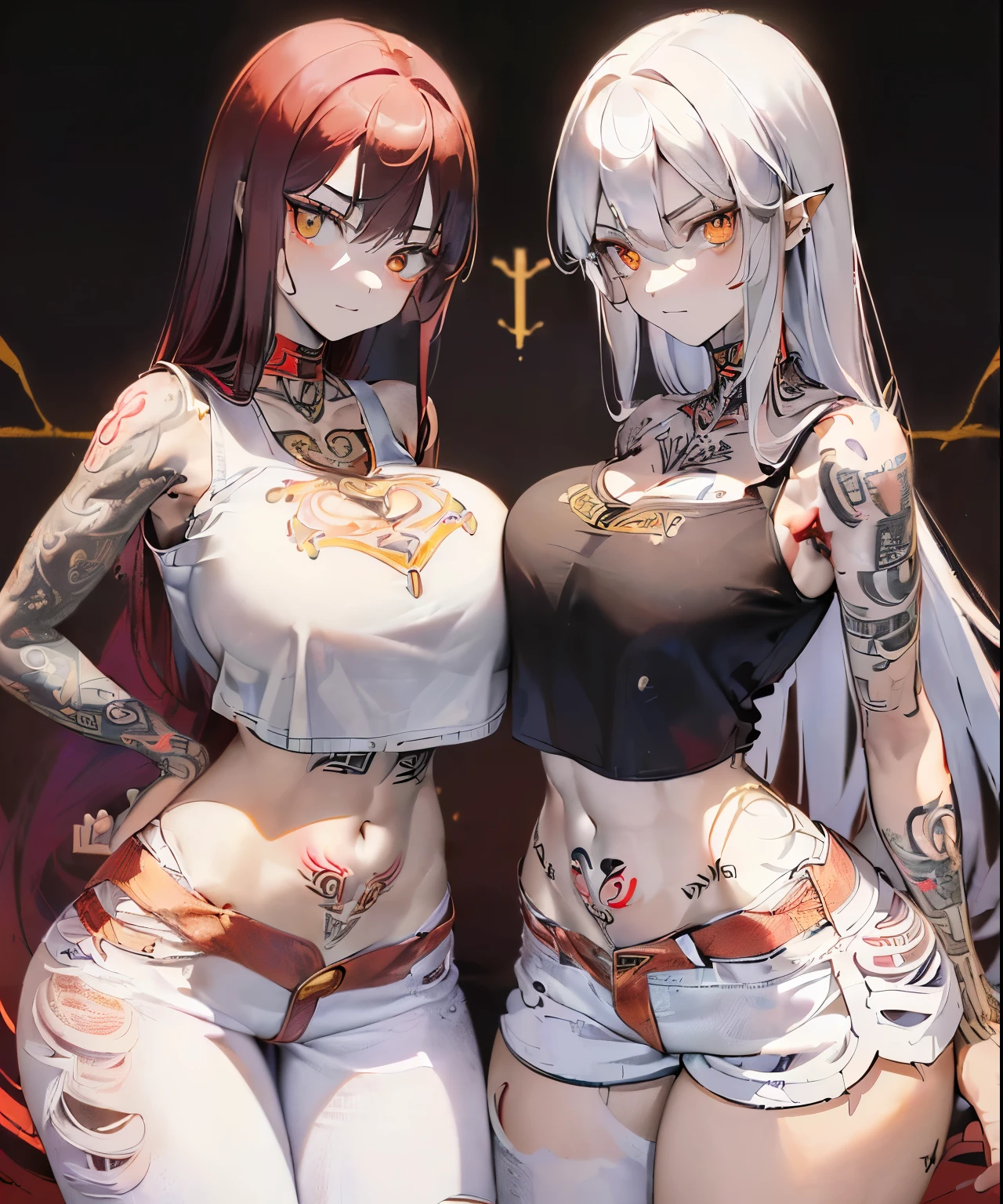 ((two beautiful women : 1.2)), ((Model pose with backs to each other : 1.2)), ((Identical twin high school girl sisters : 1.2)), ((The older sister on the left is a bad student and has fierce eyes. : 1.3)), ((black cutout crop top :1.3)), ((micro denim short pants : 1.3)), ((red long straight hair : 1.3)), ((golden amber eyes : 1.2)), ((massive rune spell tattoos : 1.4)), ((skinny body : 1.3)), ((small breast : 1.2)), / ((The younger brother on the right is a passionate student and has righteous eyes. : 1.3)), ((white cutout crop top : 1.2)), ((damaged long denim jeans : 1.4)), ((red long straight hair : 1.2)), ((golden amber eyes : 1.2)), ((massive rune spell tattoos : 1.4)), ((skinny body : 1.2)), ((small breast : 1.05)), / ((Detailed urban street background : 1.2)),