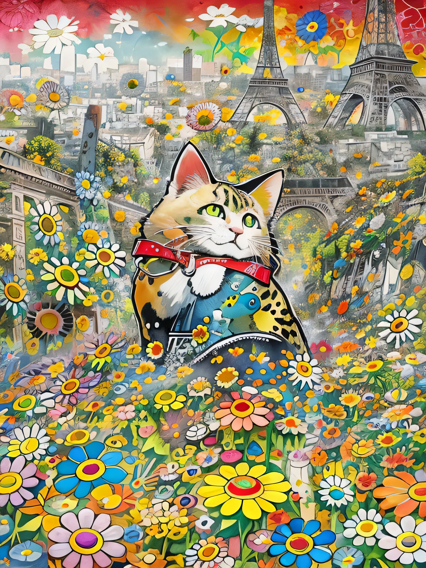 8K quality, Takashi murakami&#39;illustration of, intense watercolor, watercolor detailed art, watercolor splash, surreal, avant-garde pop art, Beautiful and expressive paintings, 美しいアートワークillustration of, very colorful tones, wonderful, cool beauty, highest quality,official art, vector art,stylish design, (((1 cat))), (((highest quality))), HDR, ((Detailed details)), (((graffiti art))), ((masterpiece))、((Super detailed))、(((colorful flowers)))、(((Paris cityscape)))