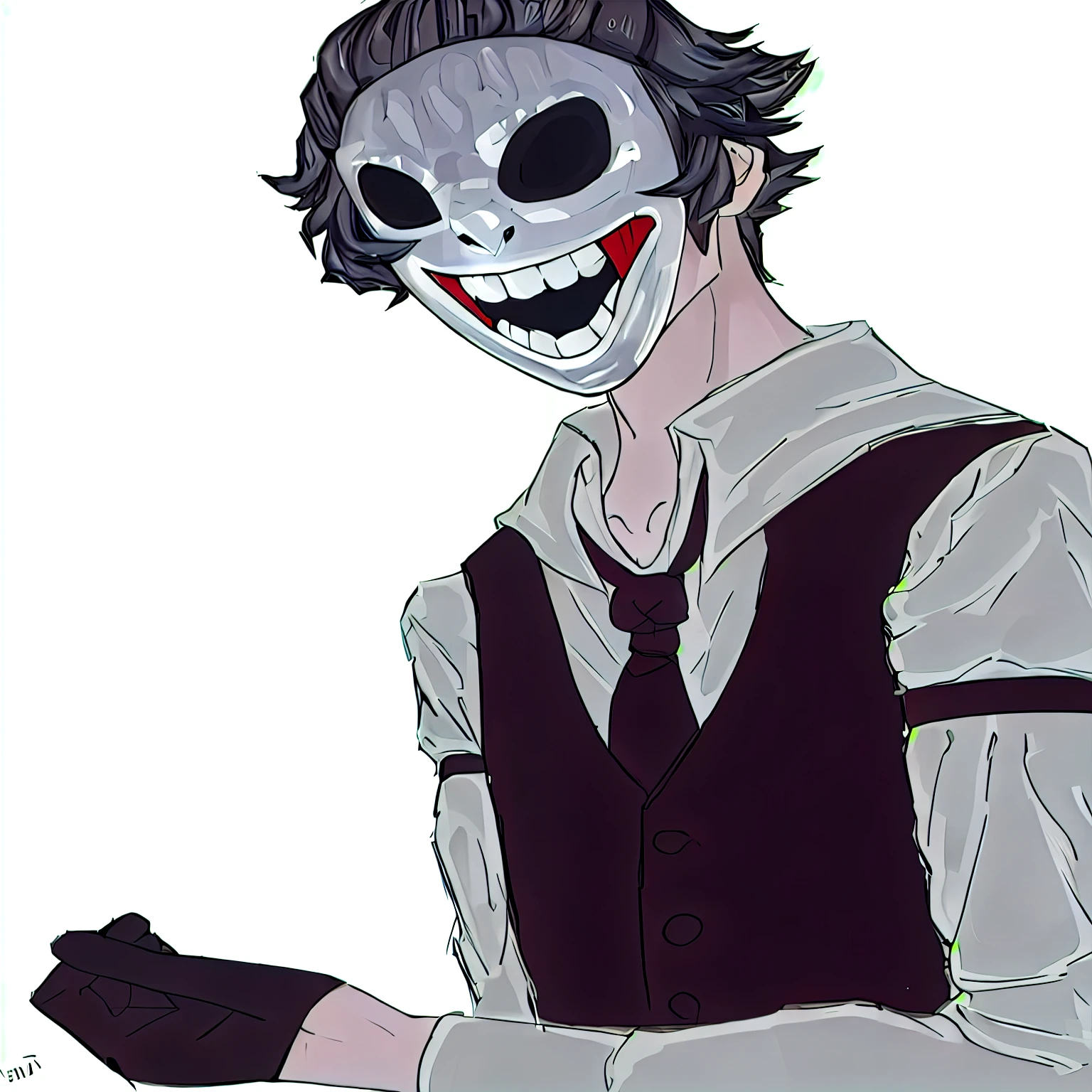 a close up of a person with a creepy face and a vest, joker looks like naruto, joker smile, [[[[grinning evily]]]], evil grin, uncanny smile, evil villain grin, creepy smile, insane smile, unsettling grin, grin, choke smirk smile grin, grotesque joker, grinning sinisterly, wicked grin