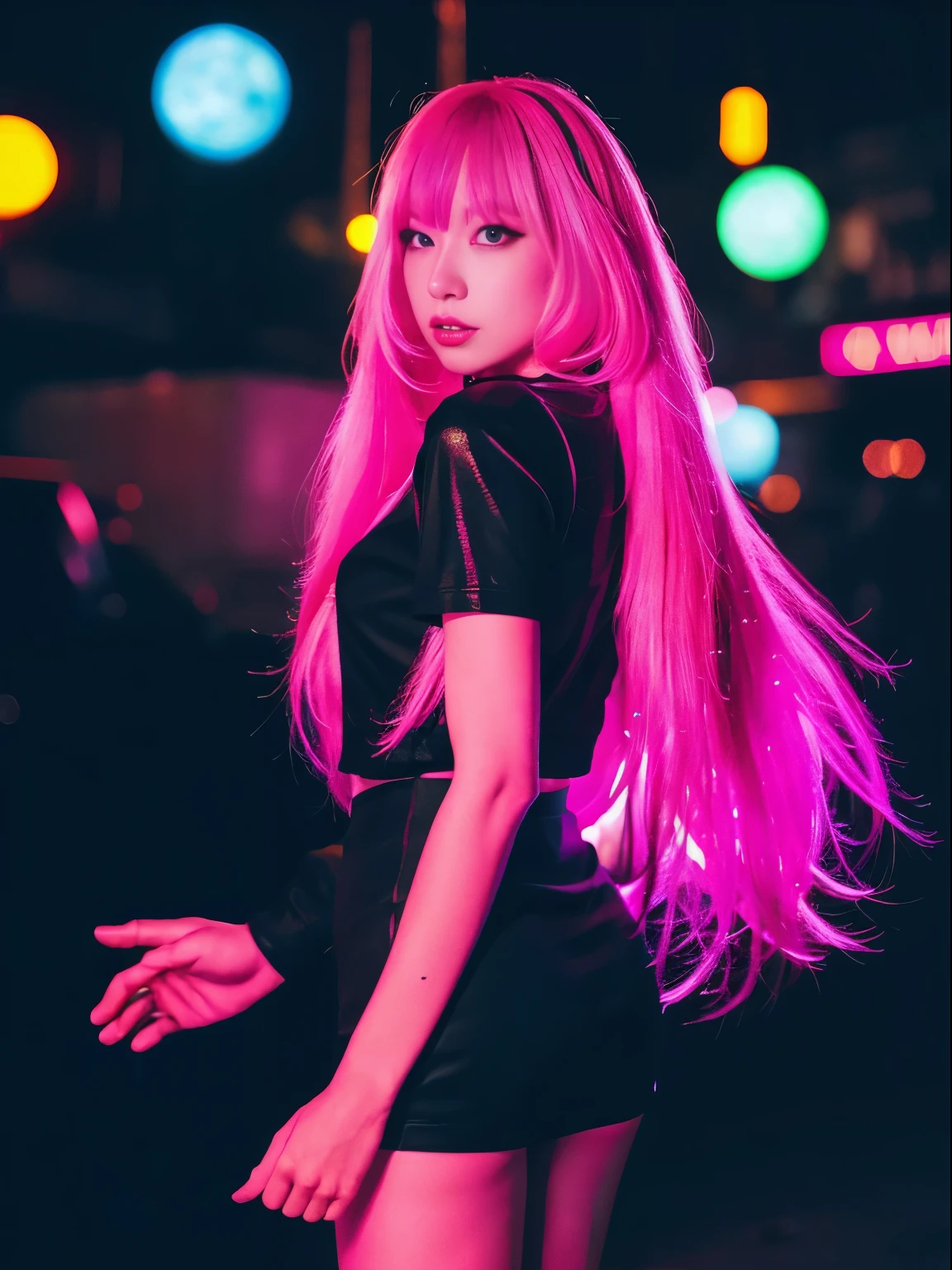Woman with long pink hair, Night, neons, flying saucer, kidnapping, galaxies background, neon light, Black clothes with LEDs, 4K