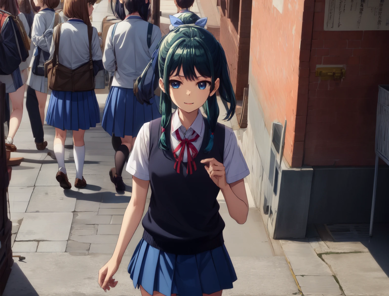 Are thin、green hairstyle,、Only one girl is in the picture、smile、solo shot、wearing a high school uniform（white shirt、red ribbon、black sweater vest、skirt）,